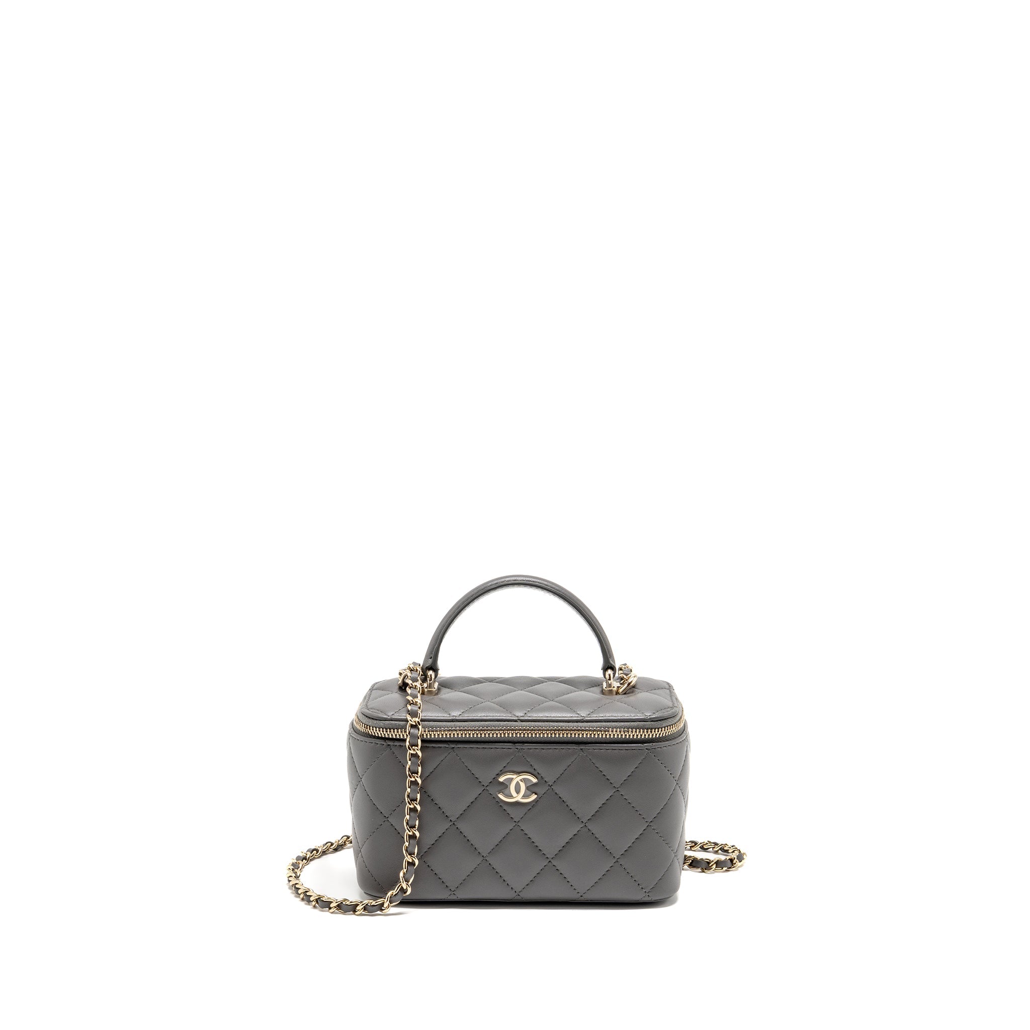 CHANEL TOP HANDLE LONG VANITY WITH CHAIN LAMBSKIN GREY LGHW (MICROCHIP)