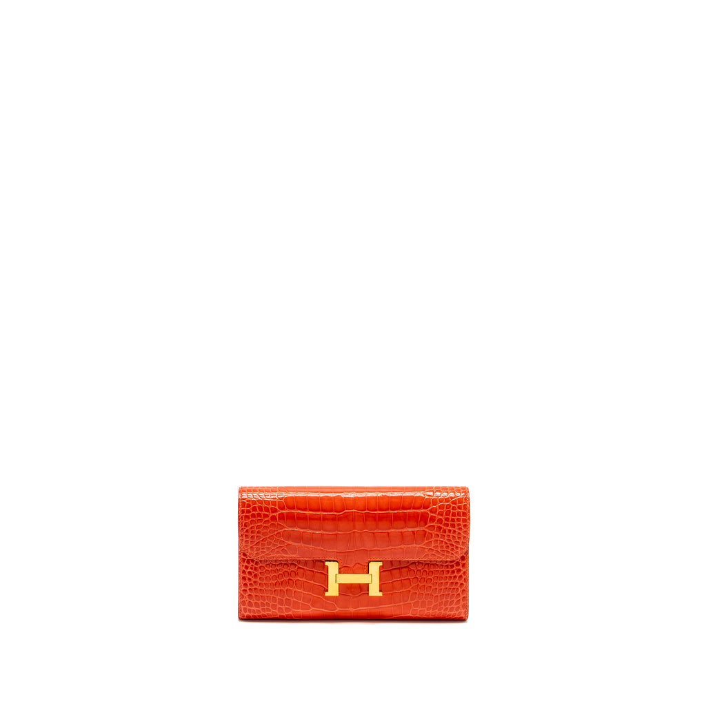 HERMES CONSTANCE LONG WALLET SHINY ALLIGATOR MISSISSIPPIENSIS ORANGE POPPY GHW