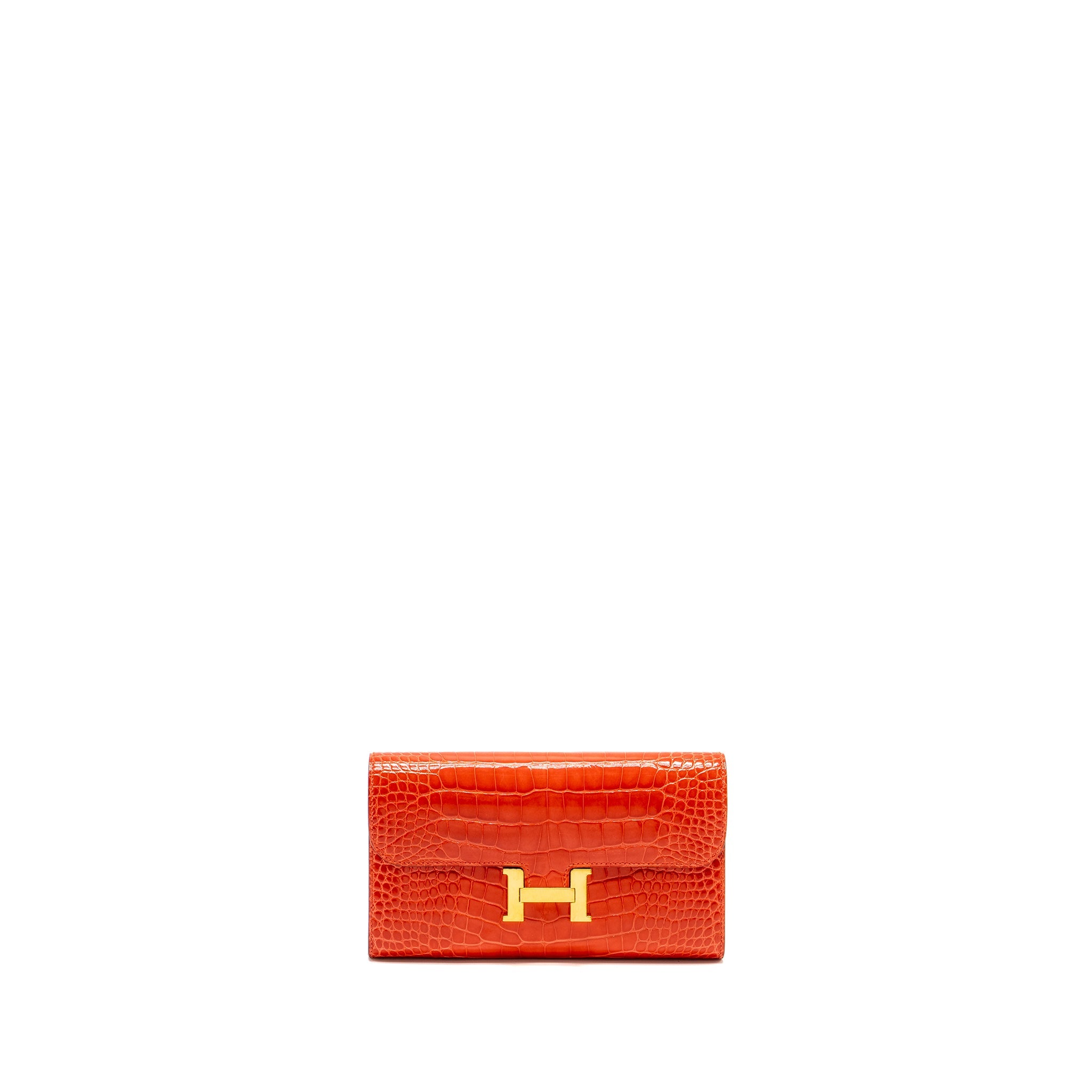 HERMES CONSTANCE LONG WALLET SHINY ALLIGATOR MISSISSIPPIENSIS ORANGE POPPY GHW