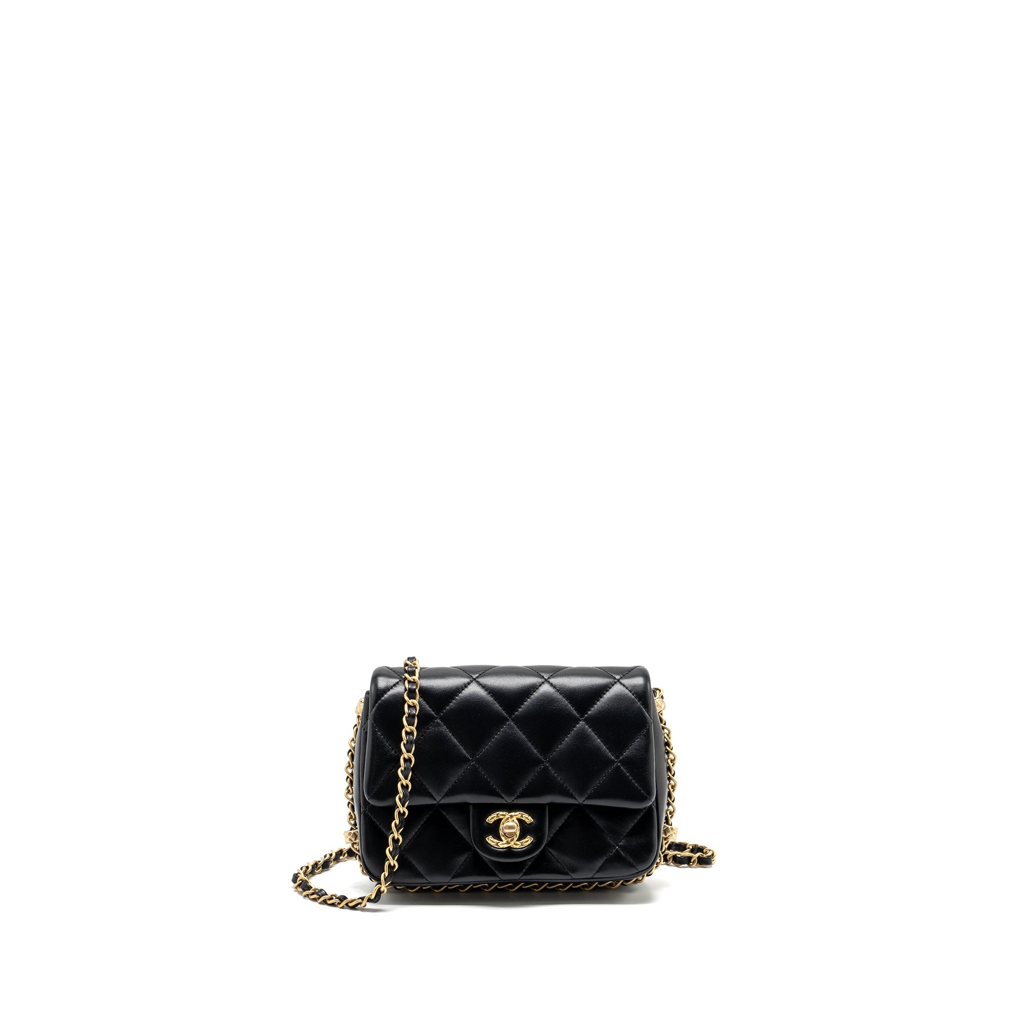CHANEL QUILTED FLAP BAG WITH DETAILED LOGO AND CHAIN LAMBSKIN BLACK GHW (MICROCHIP)