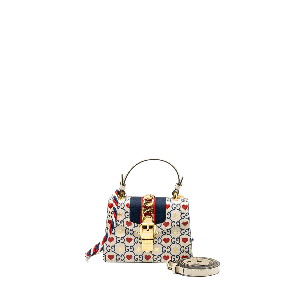GUCCI MINI TOP HANDLE SYLVIE TOTE BAG WITH HEART PRINT LIMITED WHITE MULTICOLOR GHW