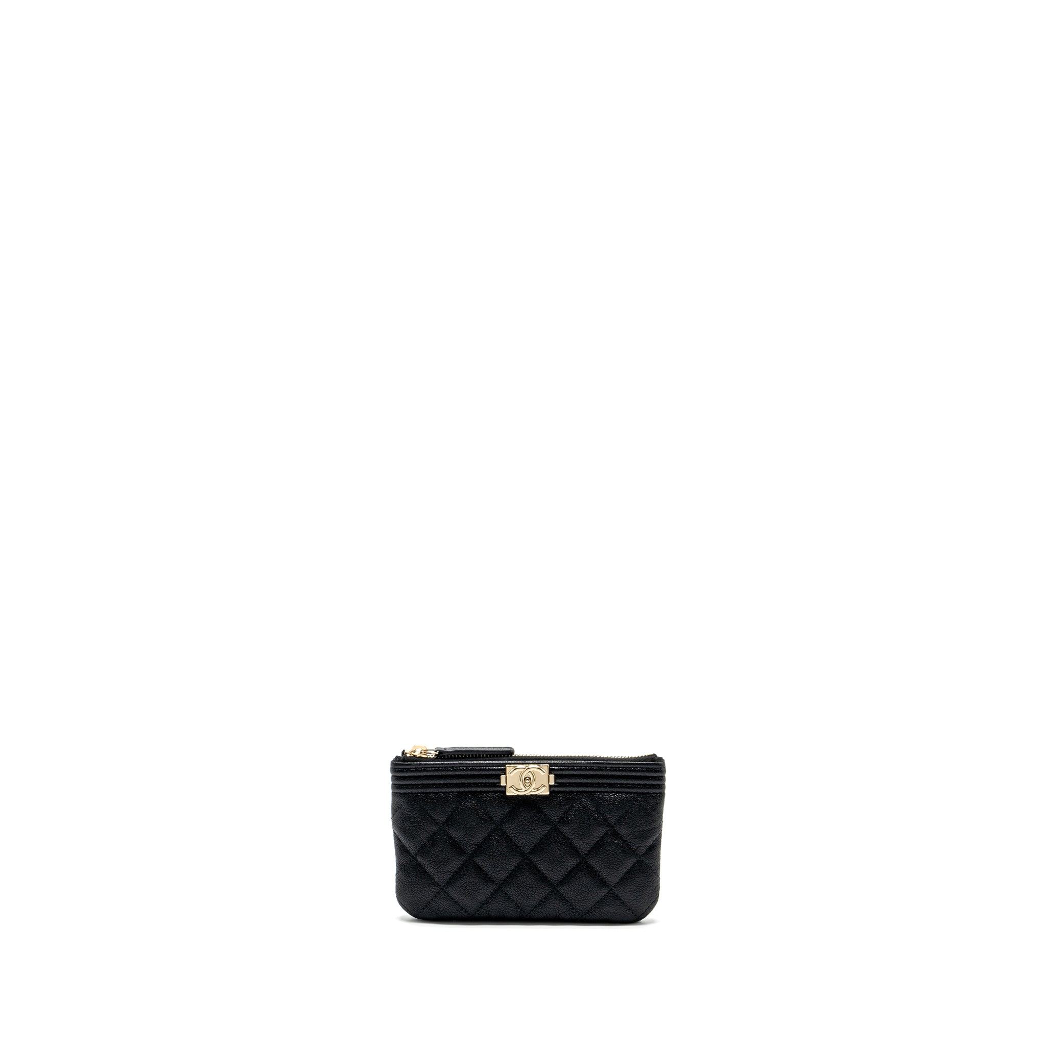 CHANEL SMALL BOY ZIP POUCH SHINY GRAINED CALFSKIN BLACK GHW