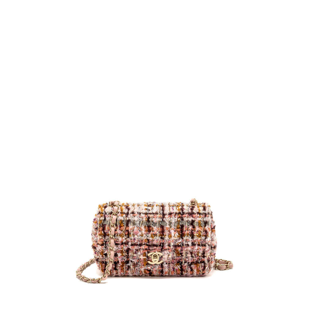 CHANEL 23K MINI RECTANGULAR FLAP BAG TWEED PINK / MULTICOLOUR LGHW (MICROCHIP)