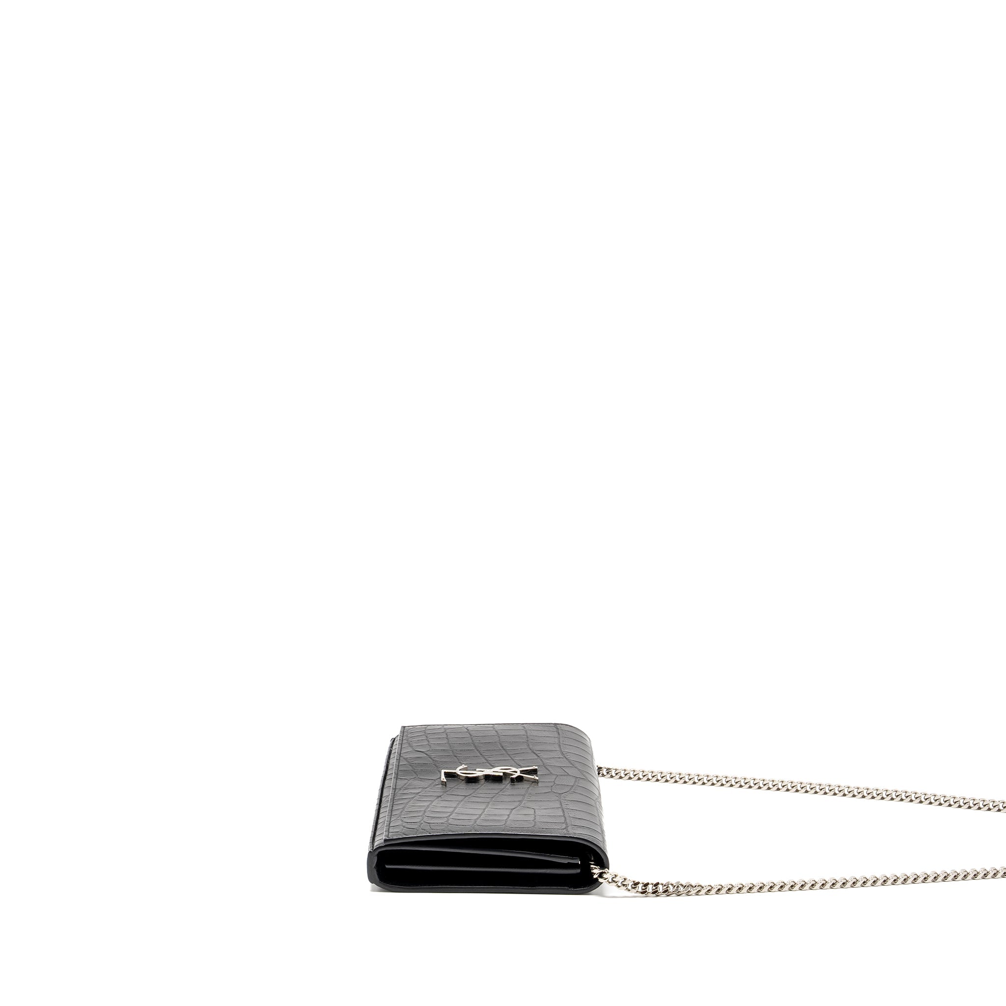 SAINT LAURENT / YSL CLASSIC CHAIN WALLET CROC-EMBOSSED CALFSKIN BLACK SHW