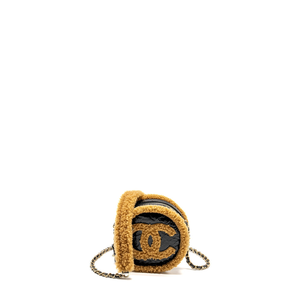 CHANEL SHEARLING CC ROUND CLUTCH WITH CHAIN SHINY CRUMPLED SHEEPSKIN BLACK/LIGHT BROWN LGHW