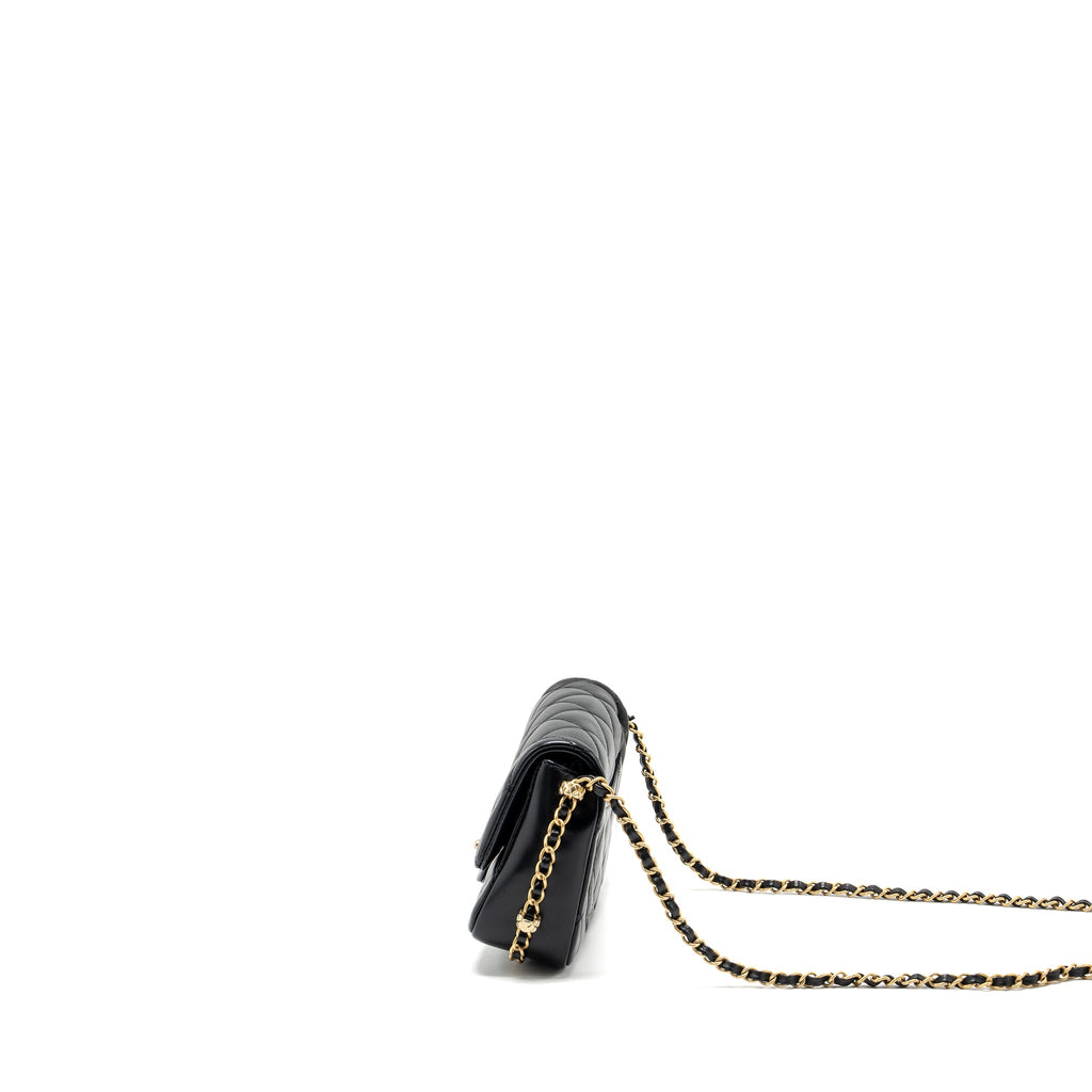 CHANEL QUILTED FLAP BAG WITH DETAILED LOGO AND CHAIN LAMBSKIN BLACK GHW (MICROCHIP)