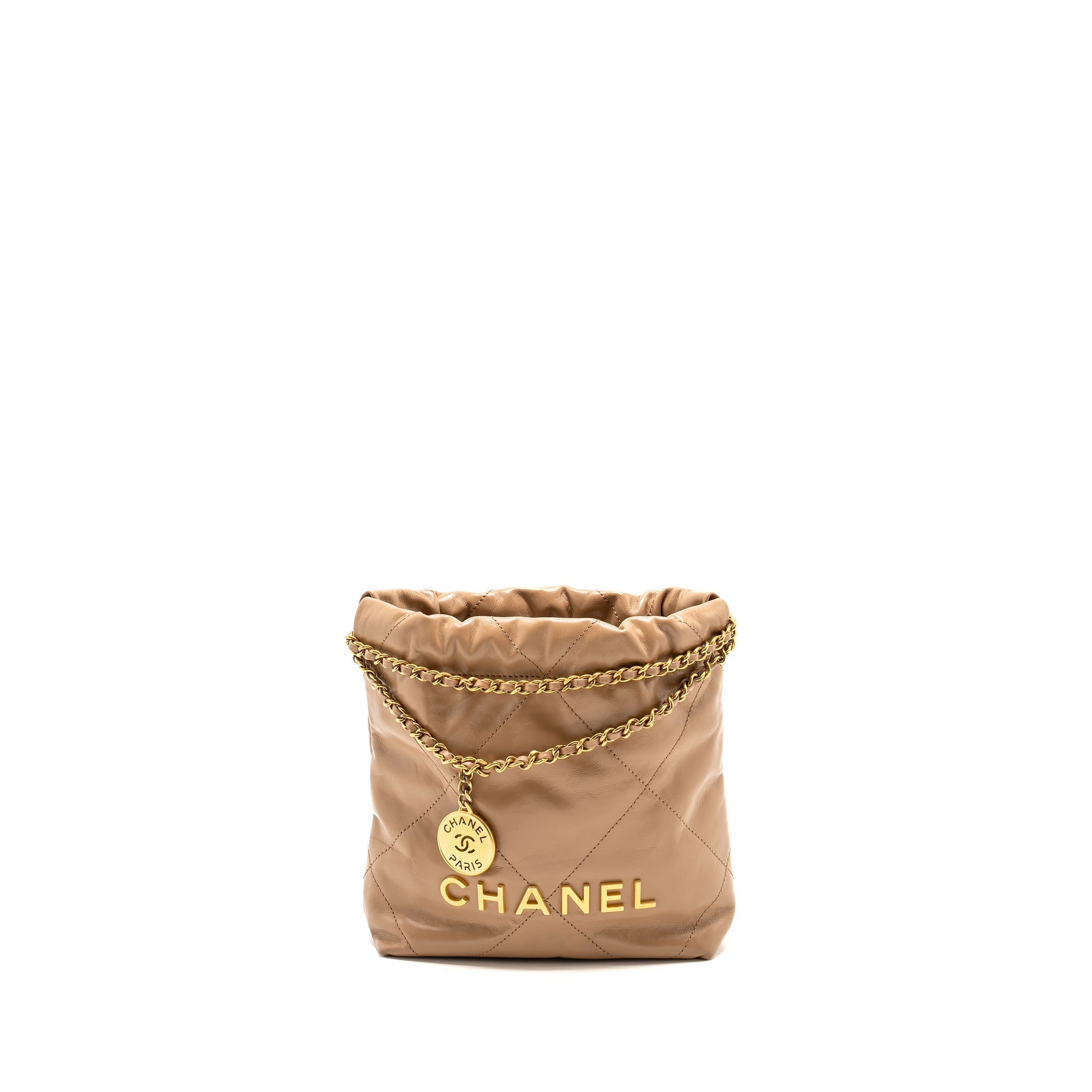 CHANEL MINI 22 BAG CALFSKIN DARK BEIGE GHW (MICROCHIP)
