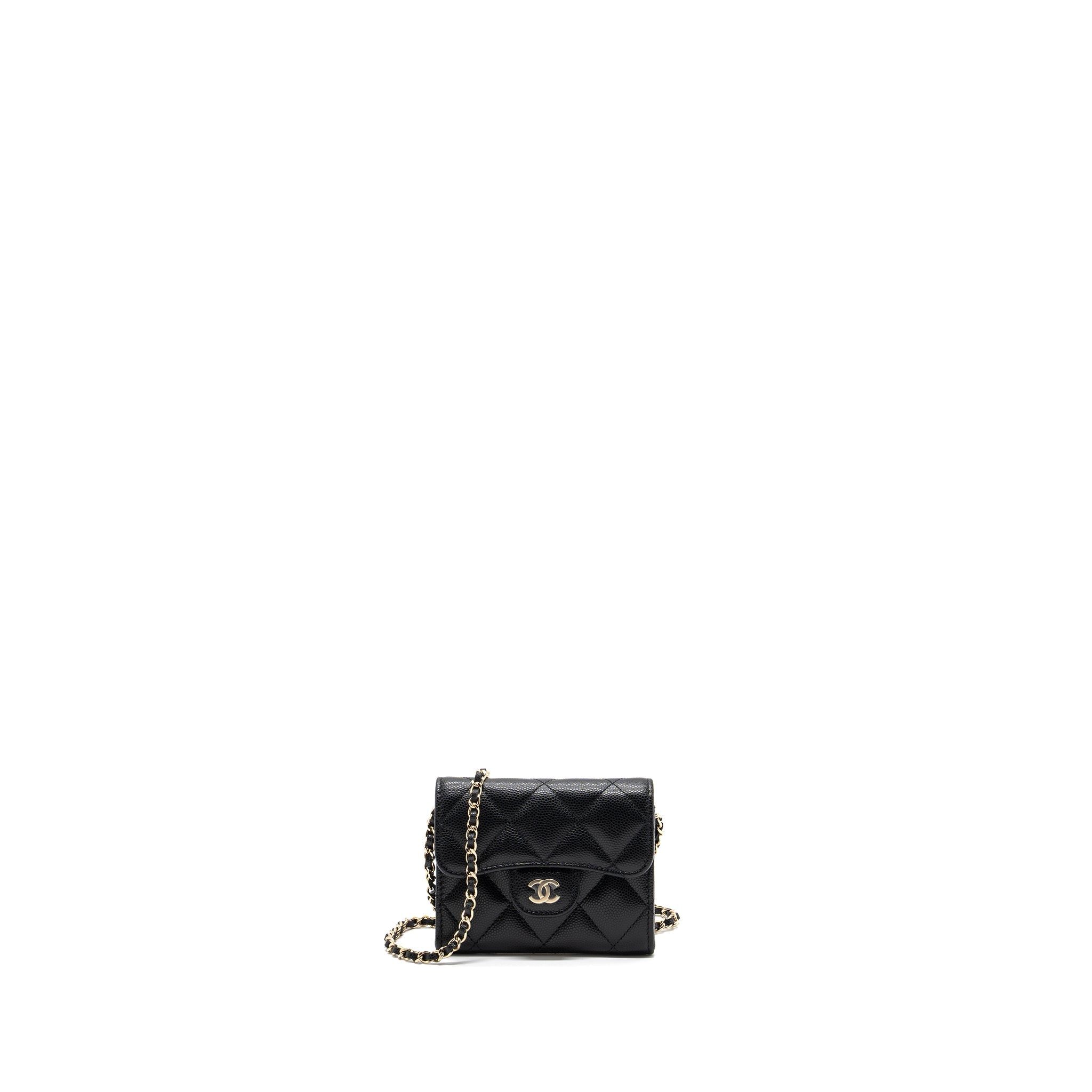 CHANEL CARD HOLDER WITH CHAIN CAVIAR BLACK LGHW