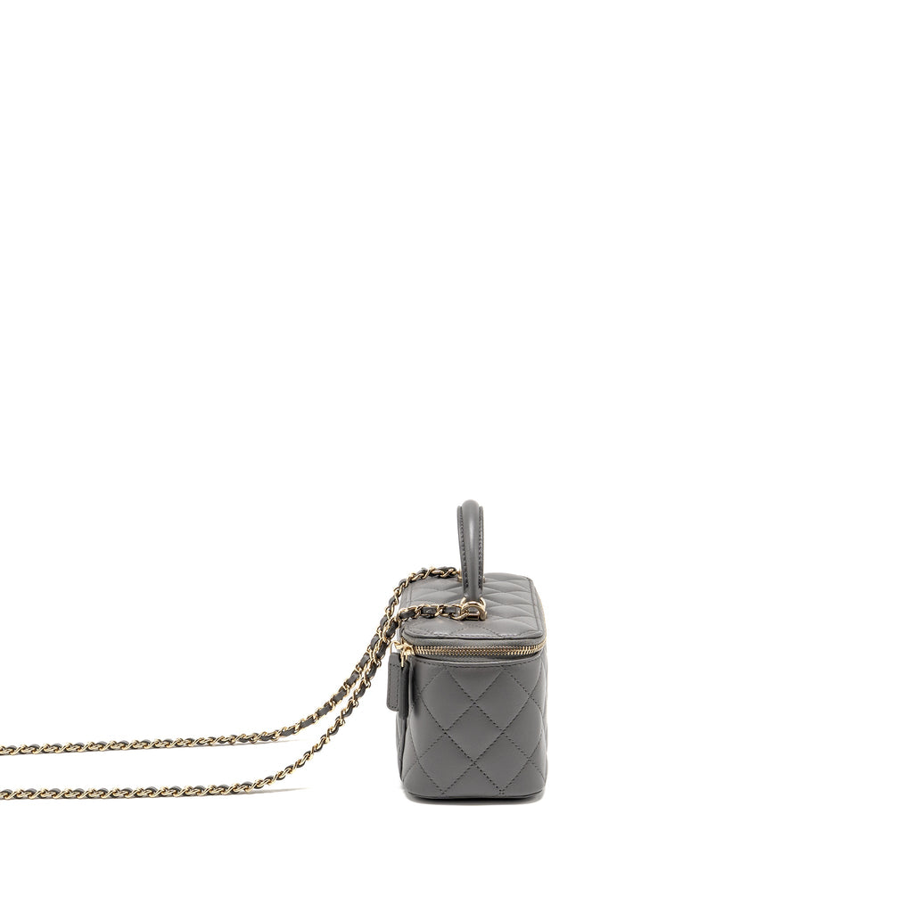 CHANEL TOP HANDLE LONG VANITY WITH CHAIN LAMBSKIN GREY LGHW (MICROCHIP)