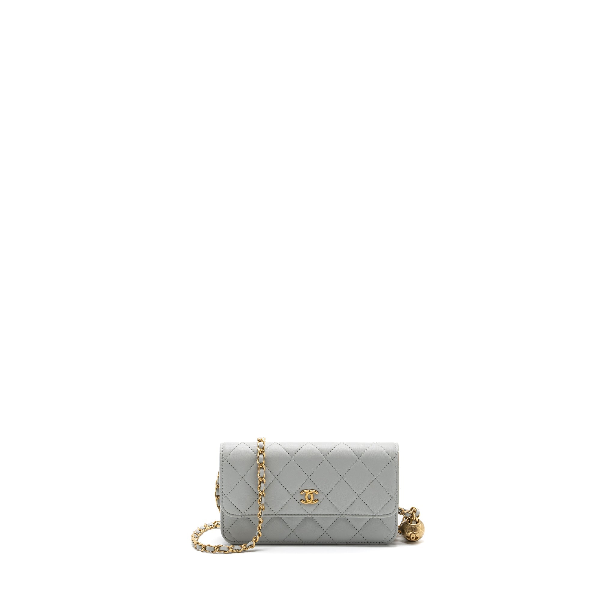 CHANEL PEARL CRUSH MINI WALLET ON CHAIN LAMBSKIN LIGHT GREY BRUSHED GHW(MICROCHIP)