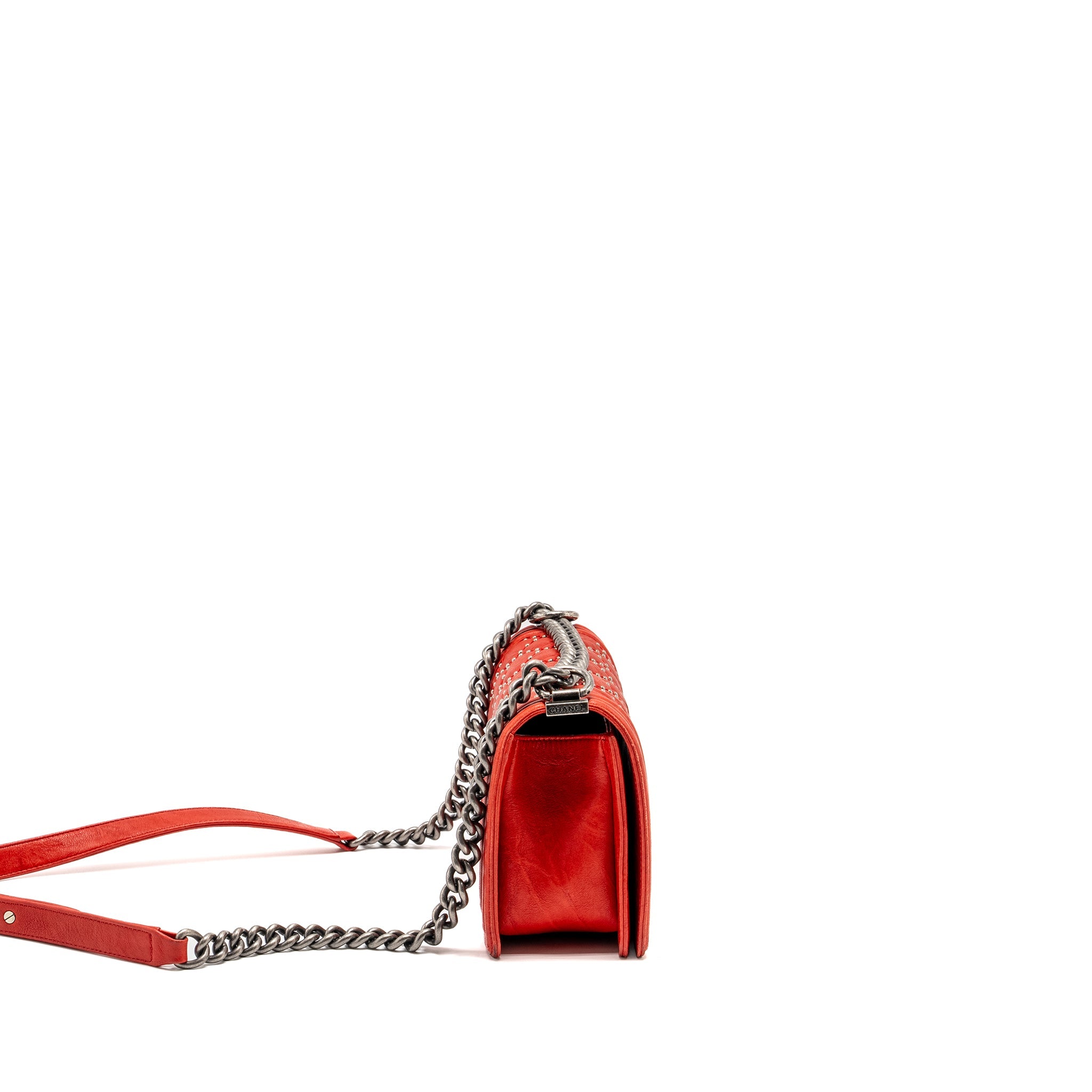 CHANEL MEDIUM BOY BAG LAMBSKIN RED RUTHENIUM SHW