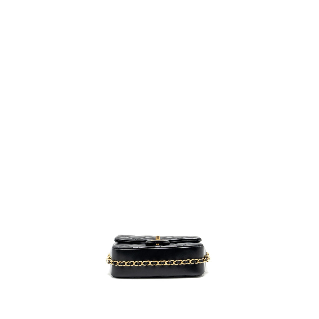 CHANEL QUILTED FLAP BAG WITH DETAILED LOGO AND CHAIN LAMBSKIN BLACK GHW (MICROCHIP)