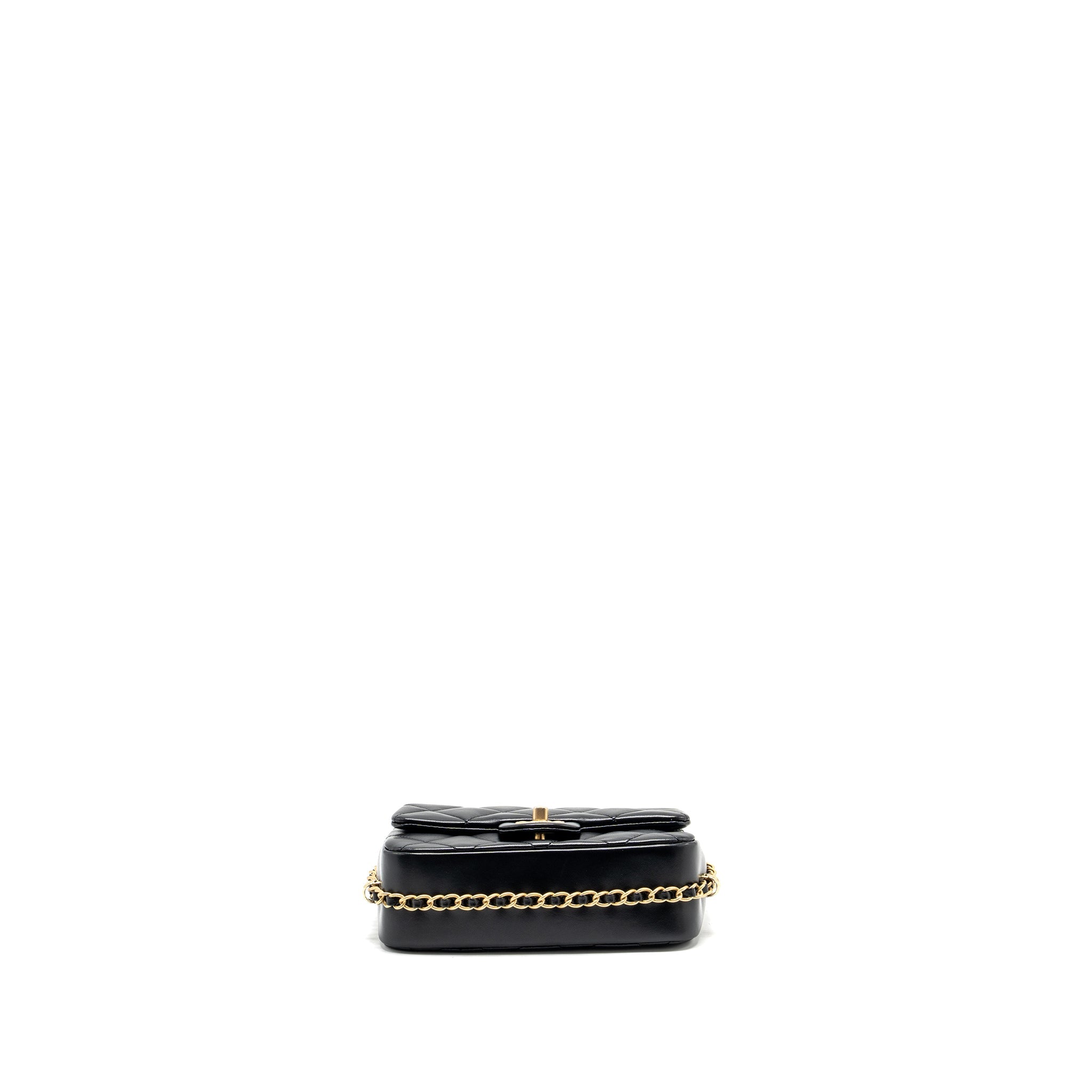 CHANEL QUILTED FLAP BAG WITH DETAILED LOGO AND CHAIN LAMBSKIN BLACK GHW (MICROCHIP)