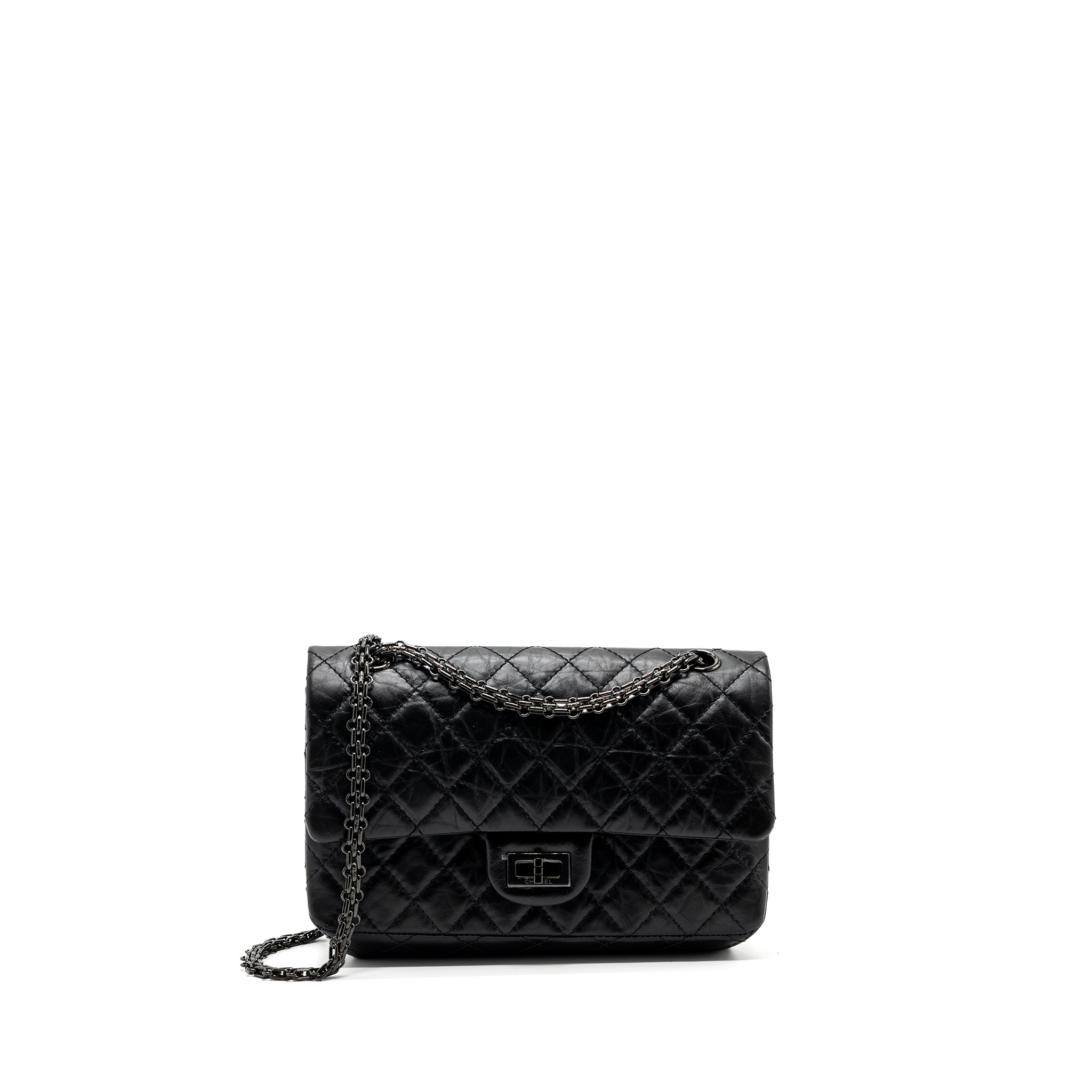CHANEL SMALL 2.55 225 REISSUE FLAP BAG AGED CALFSKIN BLACK WITH BLACK HARDWARE (MICROCHIP)