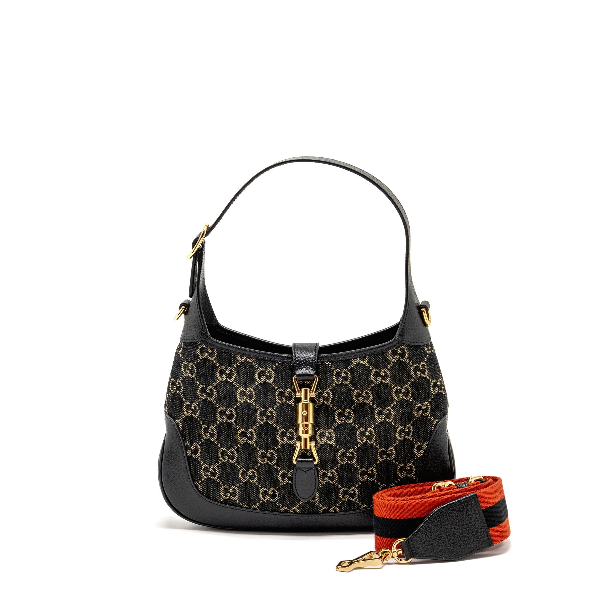 GUCCI JACKIE 1961 SMALL SHOULDER BAG DENIM/LEATHER BLACK GHW