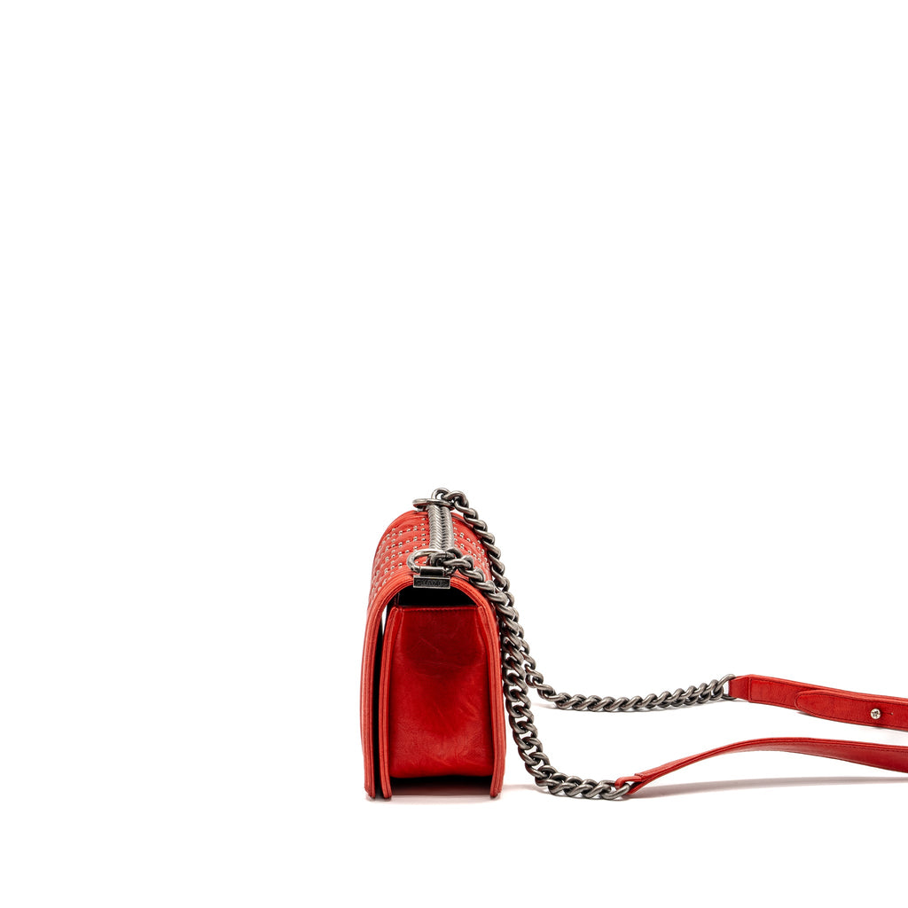 CHANEL MEDIUM BOY BAG LAMBSKIN RED RUTHENIUM SHW