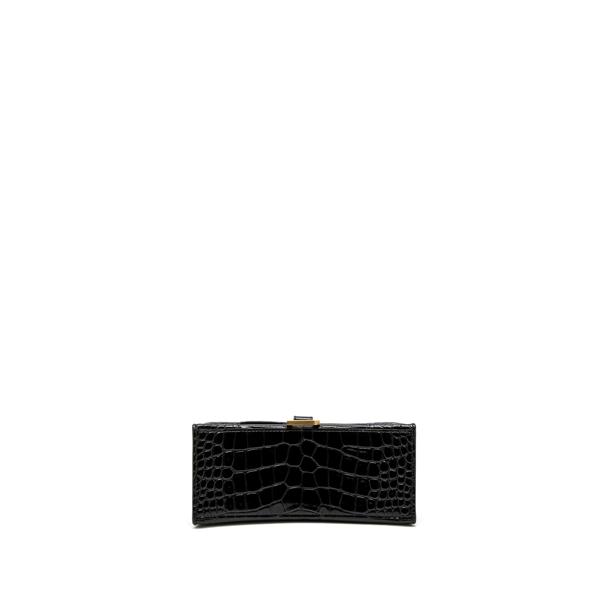 BALENCIAGA SMALL HOURGLASS BAG CROC-EMBOSSED CALFSKIN BLACK GHW