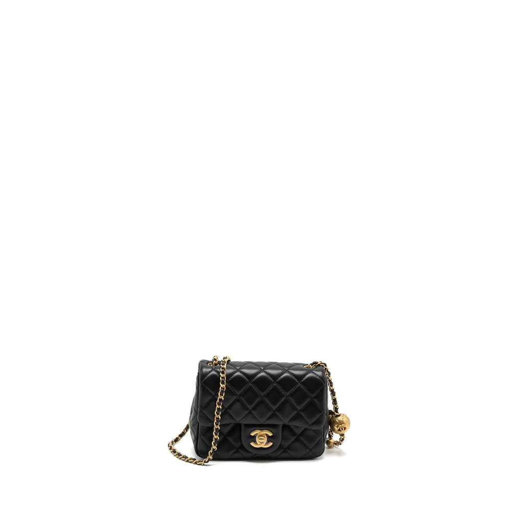 CHANEL PEARL CRUSH MINI SQUARE FLAP BAG LAMBSKIN BLACK BRUSHED GHW (MICROCHIP)