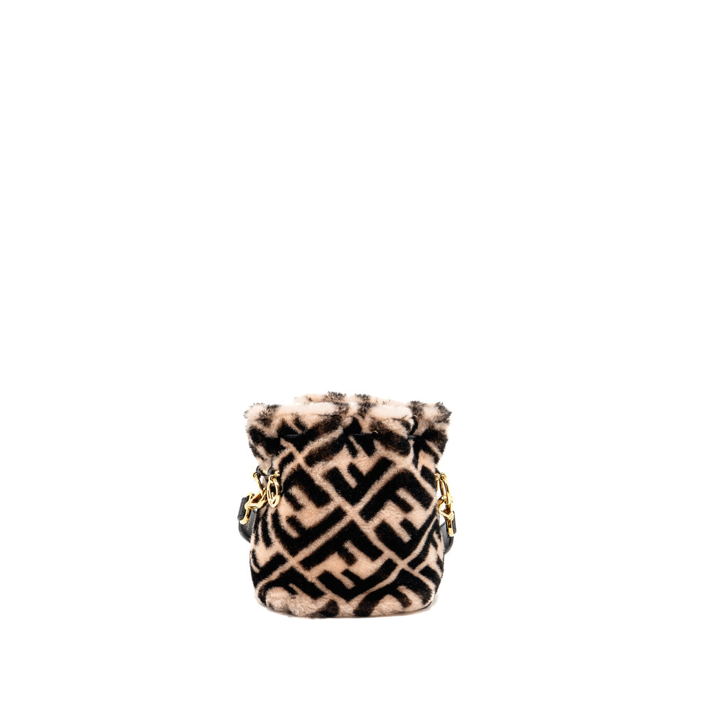 FENDI MON TRESOR BUCKET BAG SHEARLING ZUCCA PINK/BLACK GHW