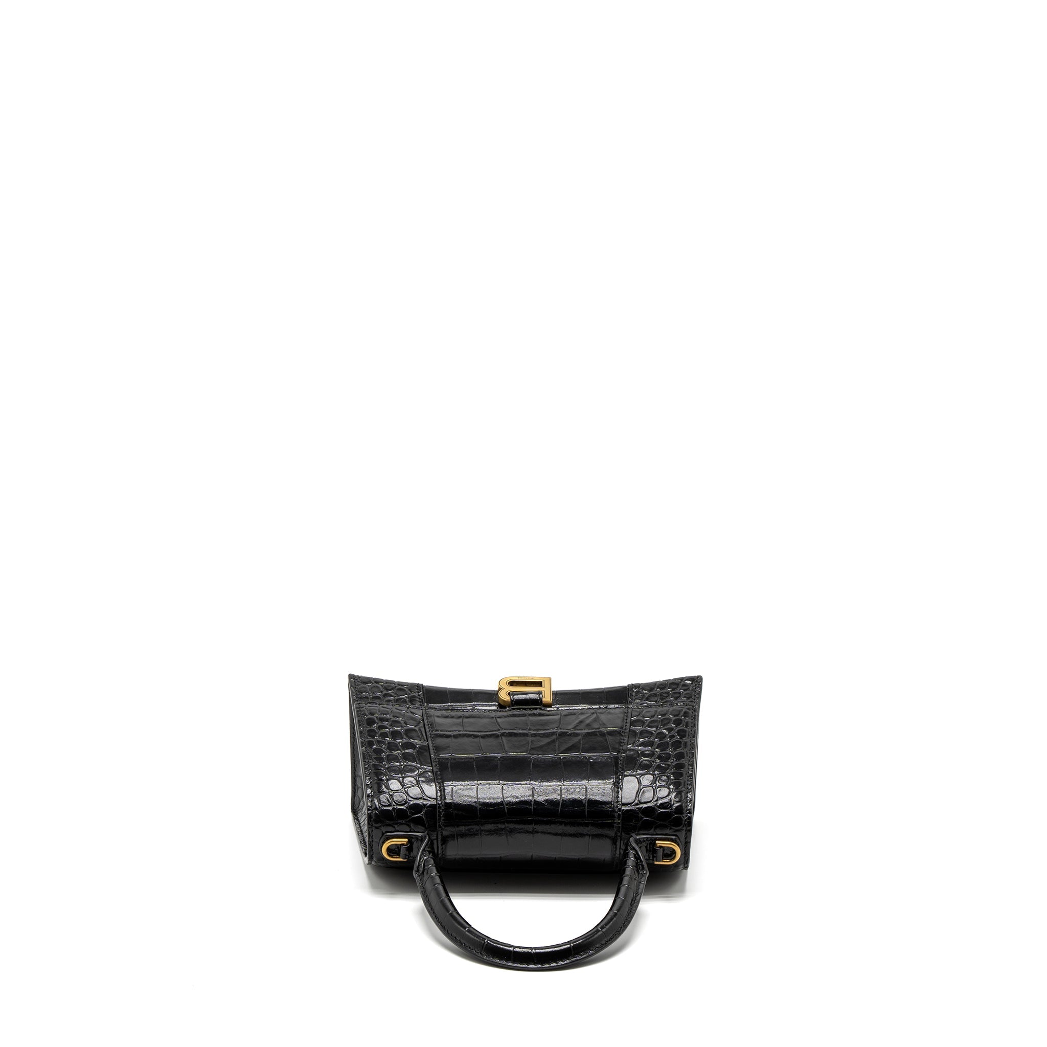 BALENCIAGA SMALL HOURGLASS BAG CROC-EMBOSSED CALFSKIN BLACK GHW