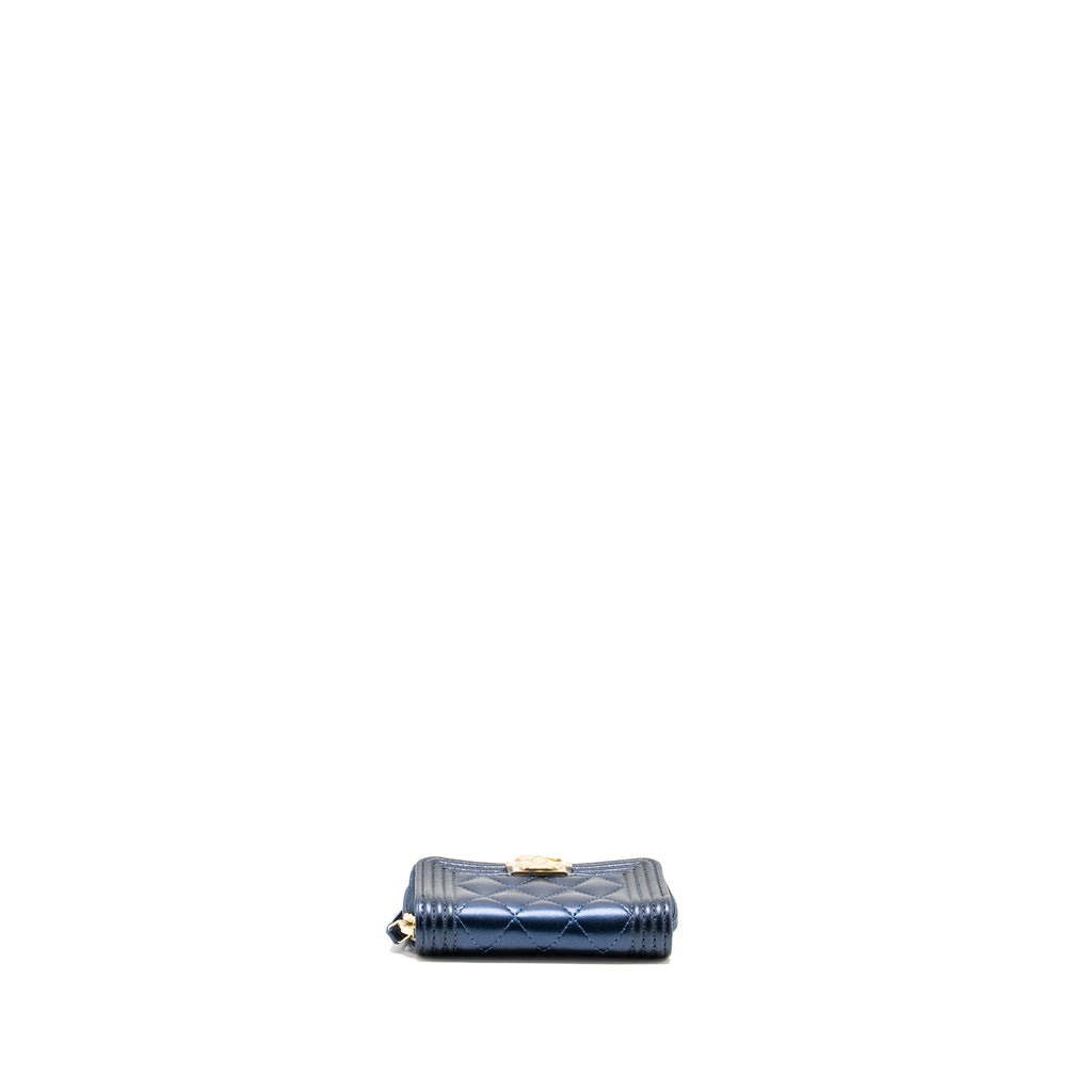 CHANEL BOY ZIP CARD HOLDER/COIN PURSE LAMBSKIN METALLIC BLUE GHW