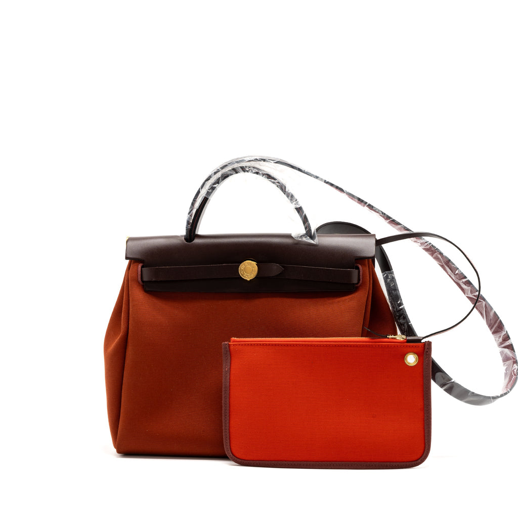 HERMES HERBAG ZIP 31 BAG CANVAS / HUNTER LEATHER CUVIER / ORANGE MECANO/ ROUGE SELLIER GHW