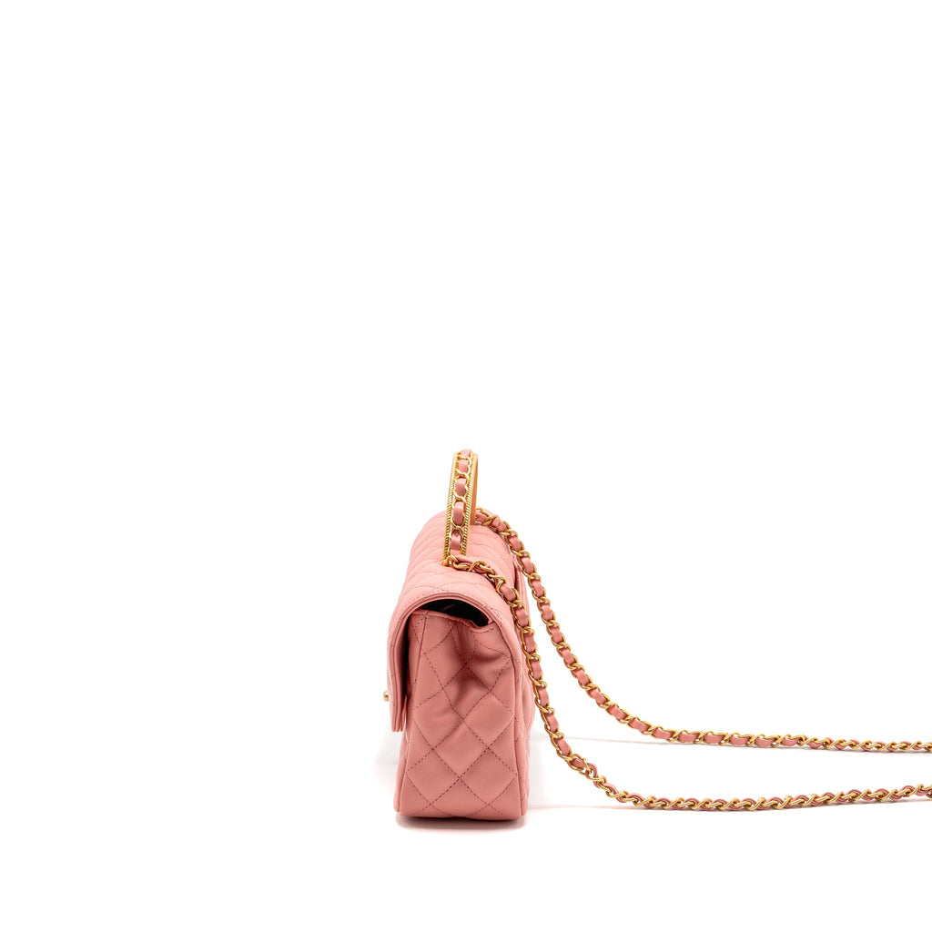 CHANEL 23K DETAIL TOP HANDLE FLAP BAG LAMBSKIN PINK GHW (MICROCHIP)