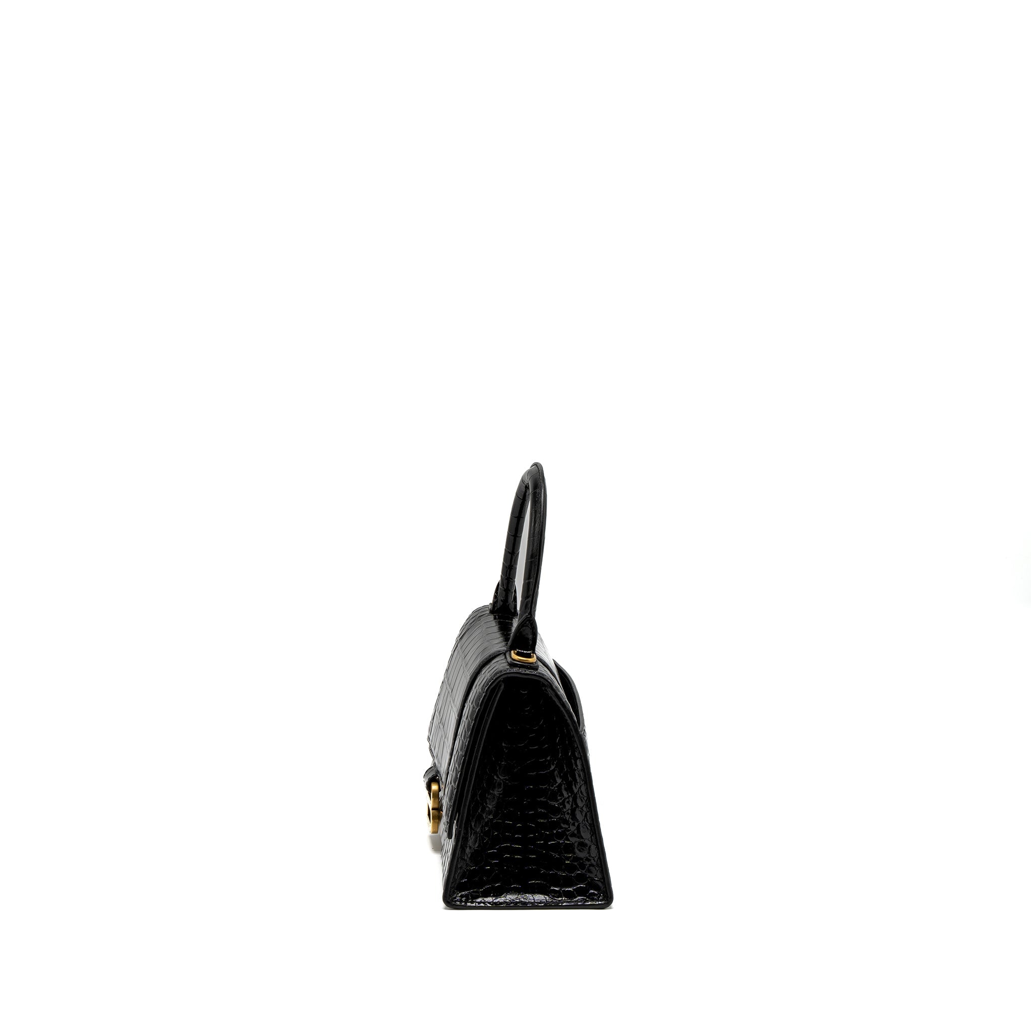 BALENCIAGA SMALL HOURGLASS BAG CROC-EMBOSSED CALFSKIN BLACK GHW