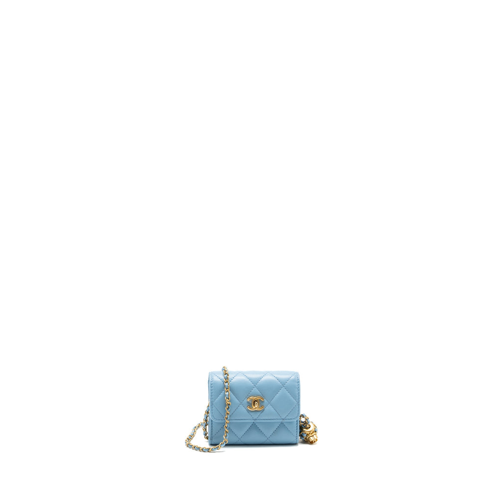 CHANEL PEARL CRUSH MINI FLAP WALLET WITH CHAIN LAMBSKIN BLUE GHW