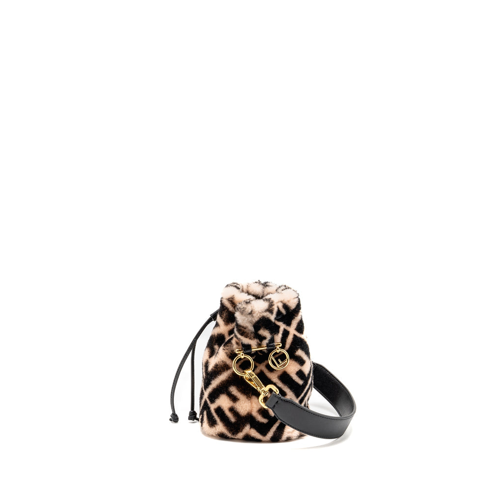 FENDI MON TRESOR BUCKET BAG SHEARLING ZUCCA PINK/BLACK GHW