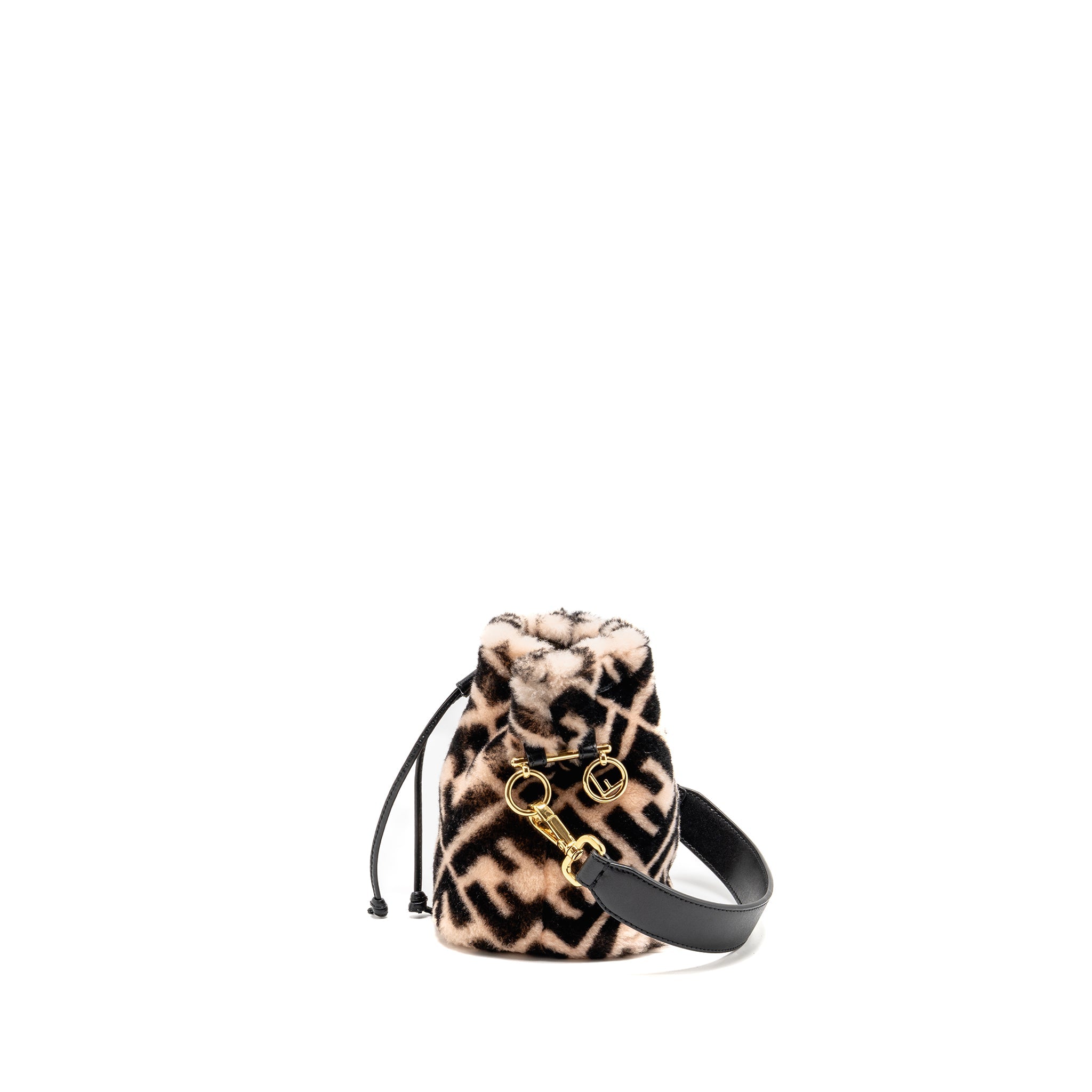 FENDI MON TRESOR BUCKET BAG SHEARLING ZUCCA PINK/BLACK GHW