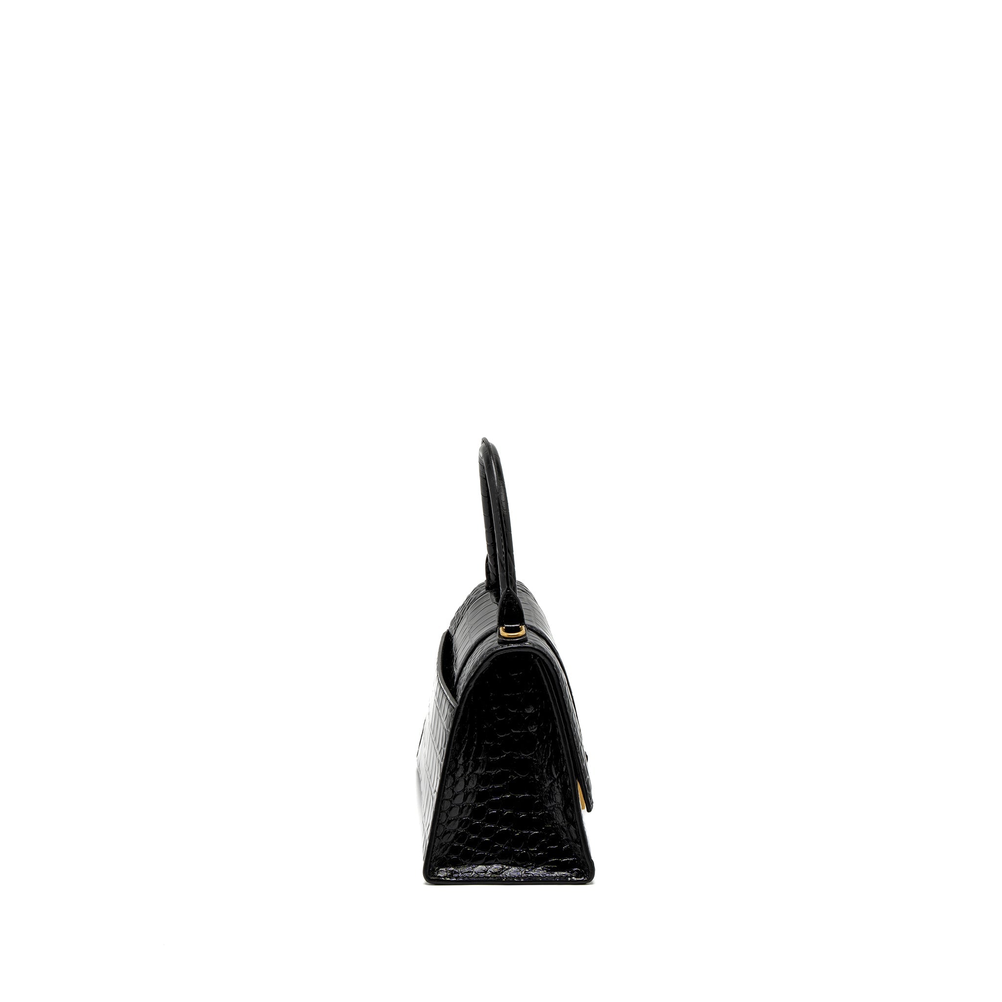 BALENCIAGA SMALL HOURGLASS BAG CROC-EMBOSSED CALFSKIN BLACK GHW