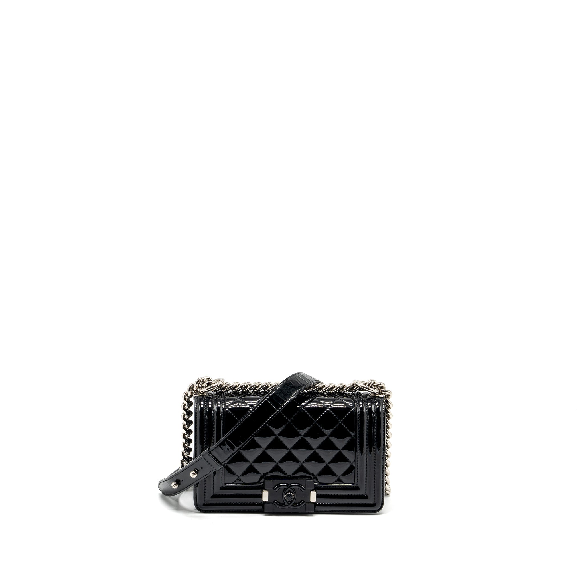 CHANEL SMALL BOY BAG PATENT BLACK MULTICOLOUR HARDWARE