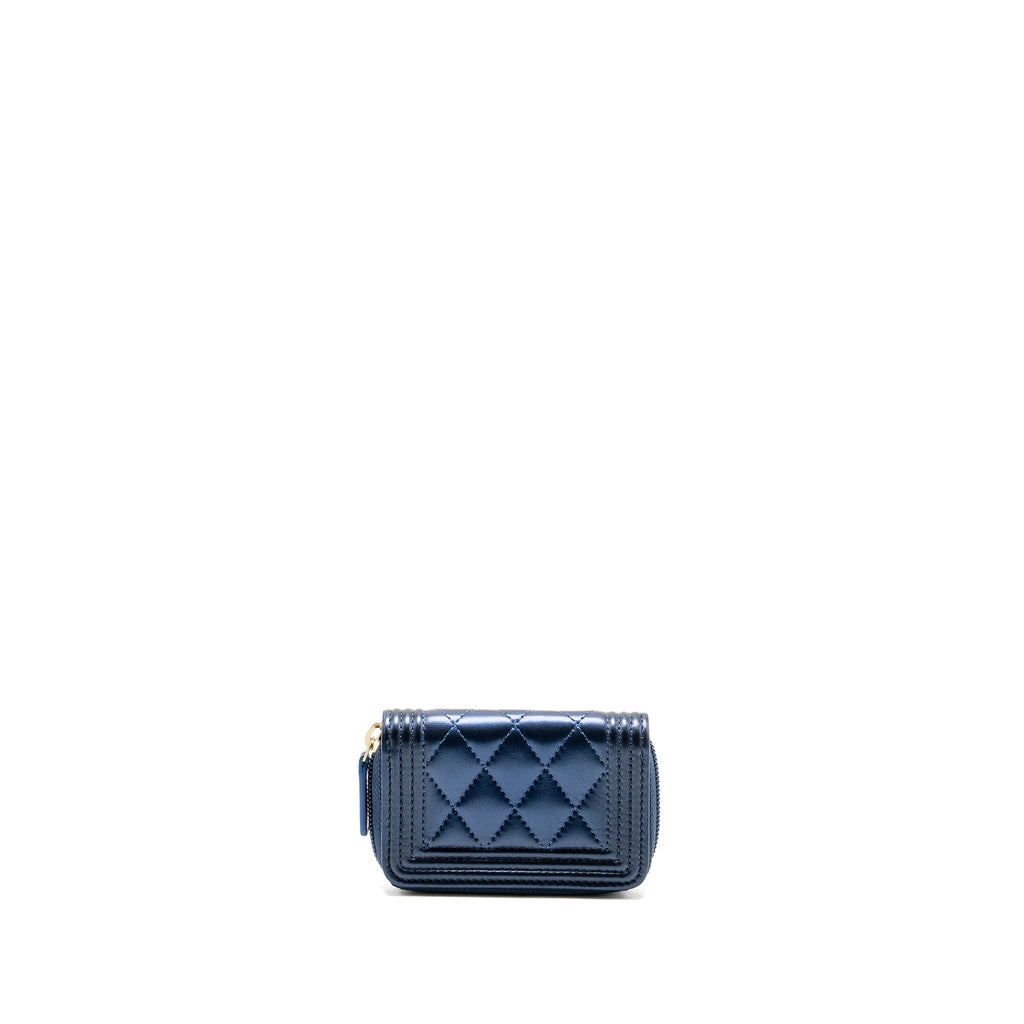 CHANEL BOY ZIP CARD HOLDER/COIN PURSE LAMBSKIN METALLIC BLUE GHW