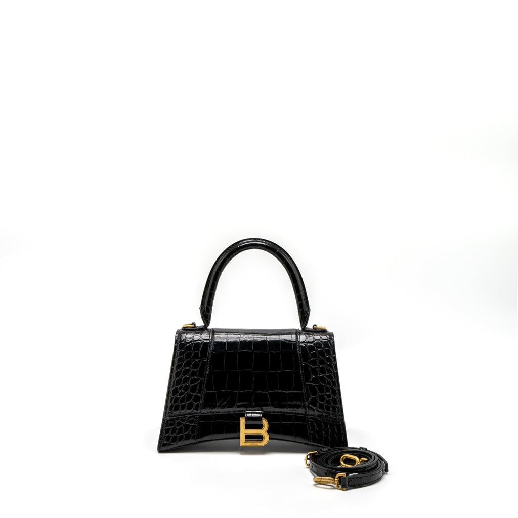 BALENCIAGA SMALL HOURGLASS BAG CROC-EMBOSSED CALFSKIN BLACK GHW