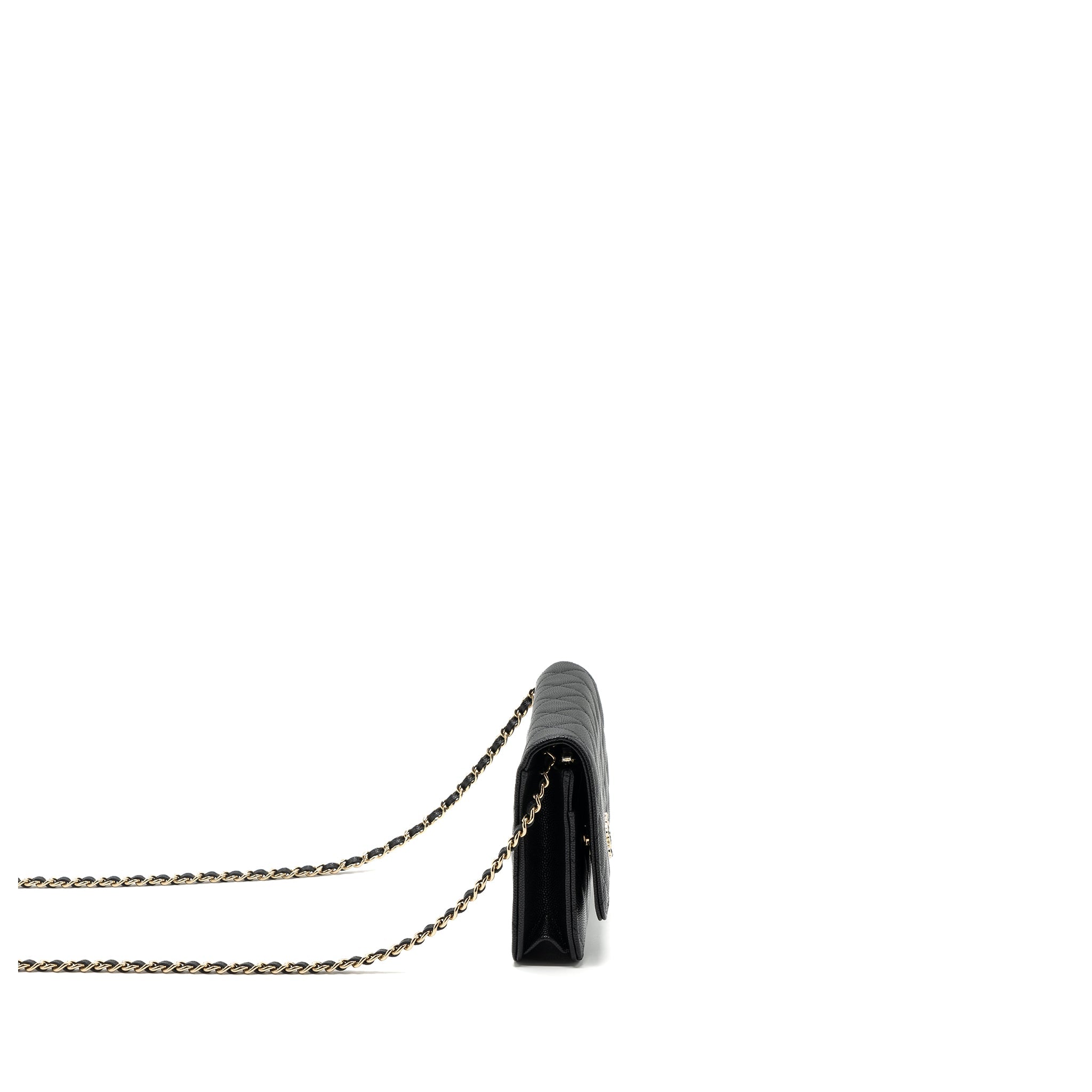 CHANEL 23K DETAILED CC LOGO WALLET ON CHAIN CAVIAR BLACK LGHW (MICROCHIP)