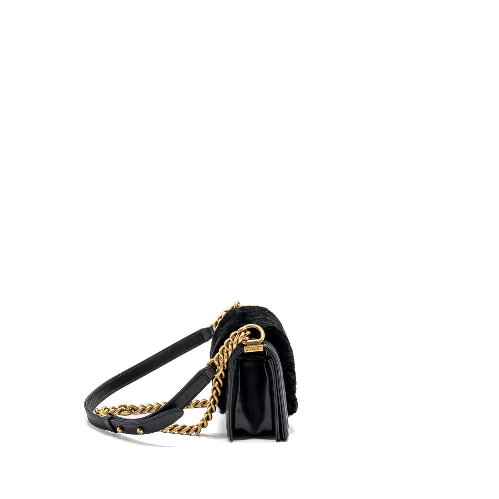 CHANEL SMALL BOY BAG RABBIT HAIR LIMITED EDITION LAMBSKIN BLACK GHW