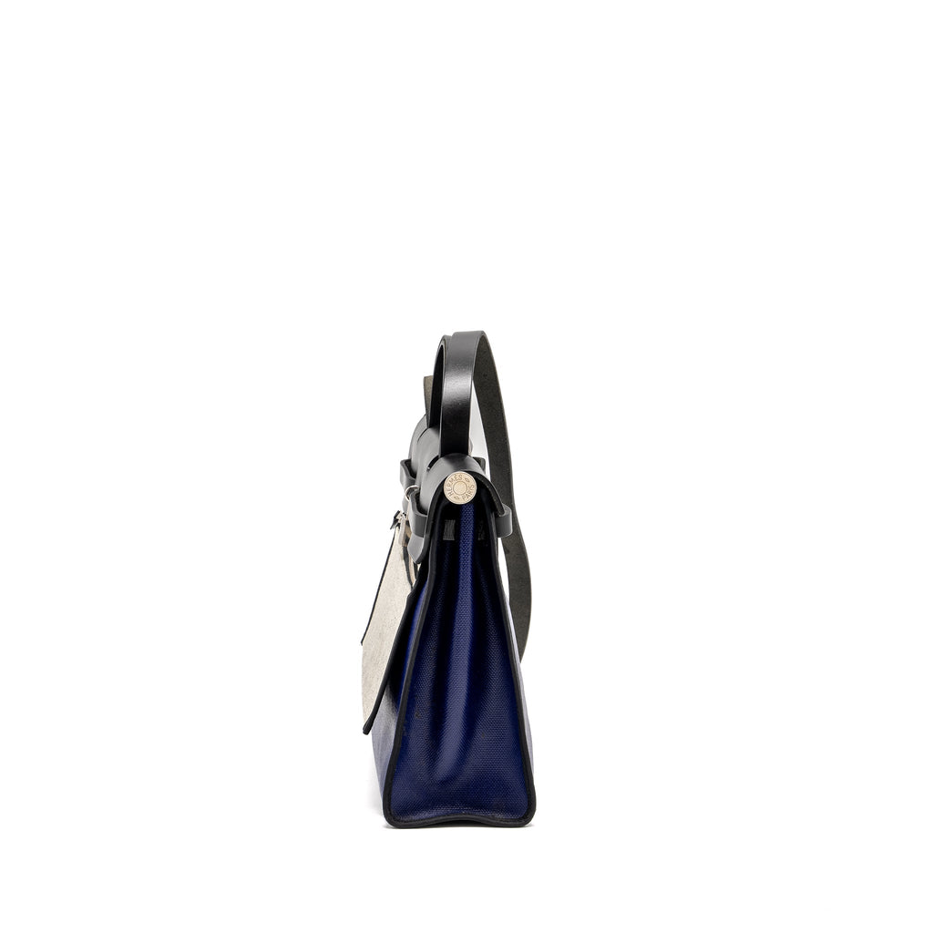 HERMES HERBAG 31 ZIP BAG TOLIE H BERLINE CANVAS/VACHE HUNTER BLUE ENCRE/BLACK SHW