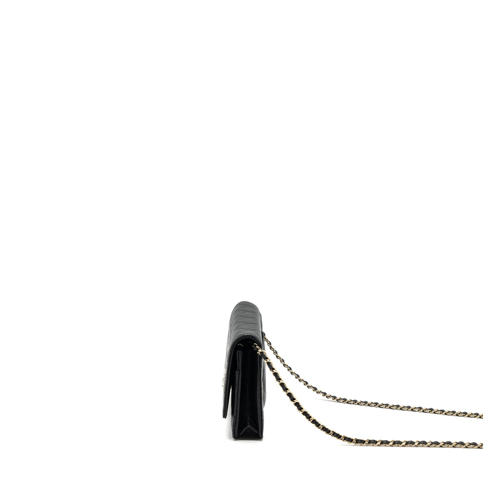 CHANEL 23K DETAILED CC LOGO WALLET ON CHAIN CAVIAR BLACK LGHW (MICROCHIP)