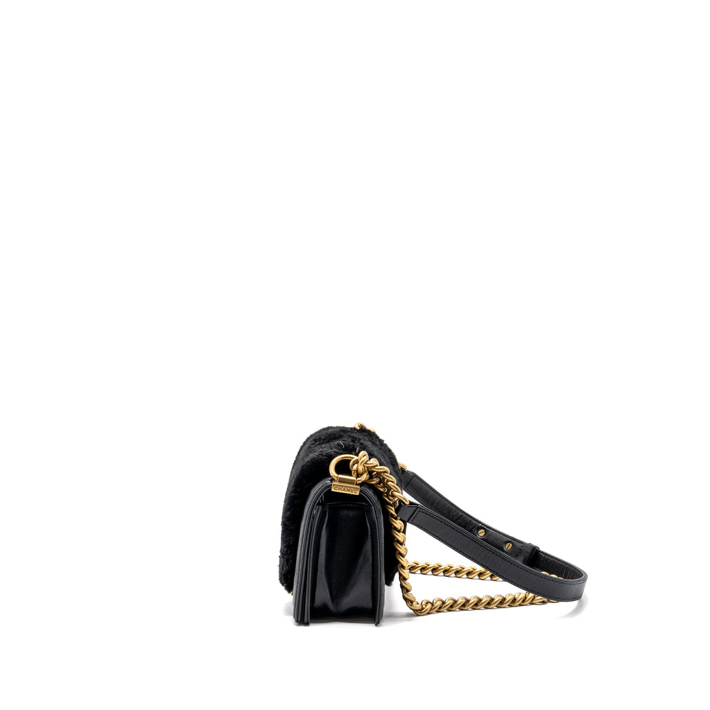 CHANEL SMALL BOY BAG RABBIT HAIR LIMITED EDITION LAMBSKIN BLACK GHW