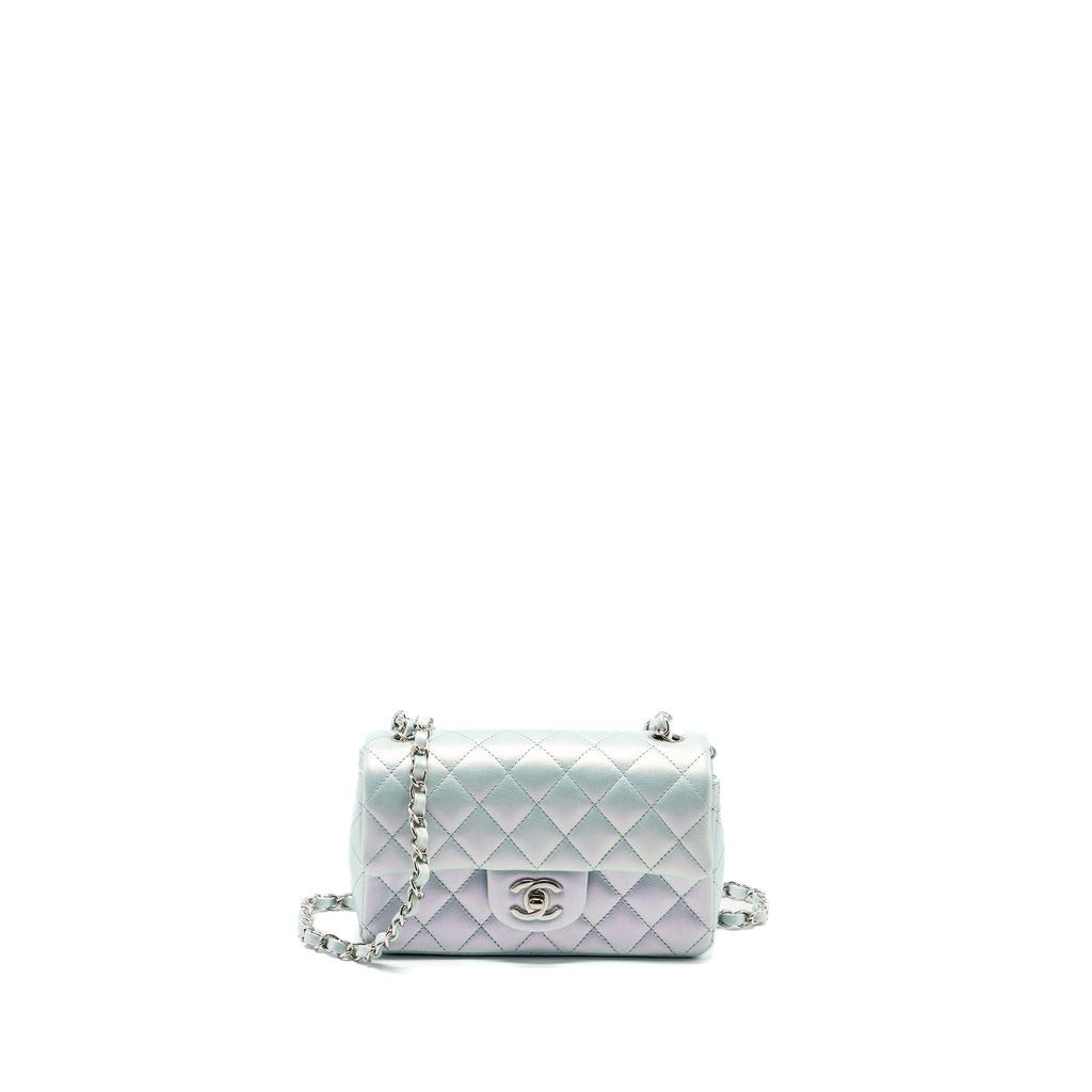 CHANEL 21K MINI RECTANGULAR FLAP BAG CALFSKIN IRIDESCENT LIGHT BLUE SHW (MICROCHIP)