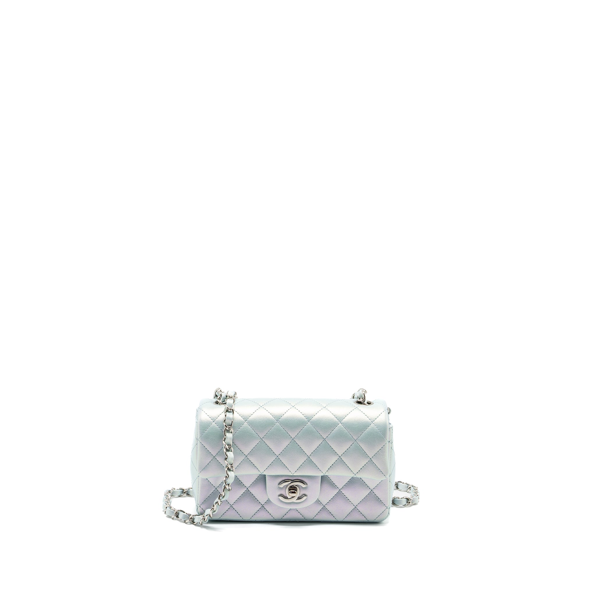 CHANEL 21K MINI RECTANGULAR FLAP BAG CALFSKIN IRIDESCENT LIGHT BLUE SHW (MICROCHIP)