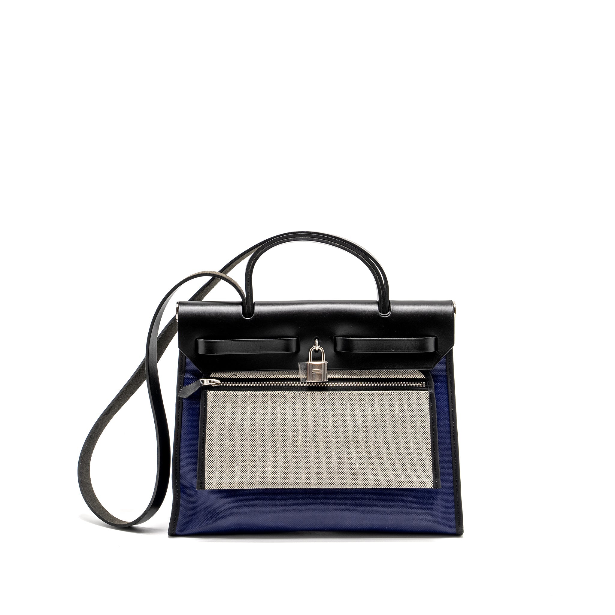 HERMES HERBAG 31 ZIP BAG TOLIE H BERLINE CANVAS/VACHE HUNTER BLUE ENCRE/BLACK SHW