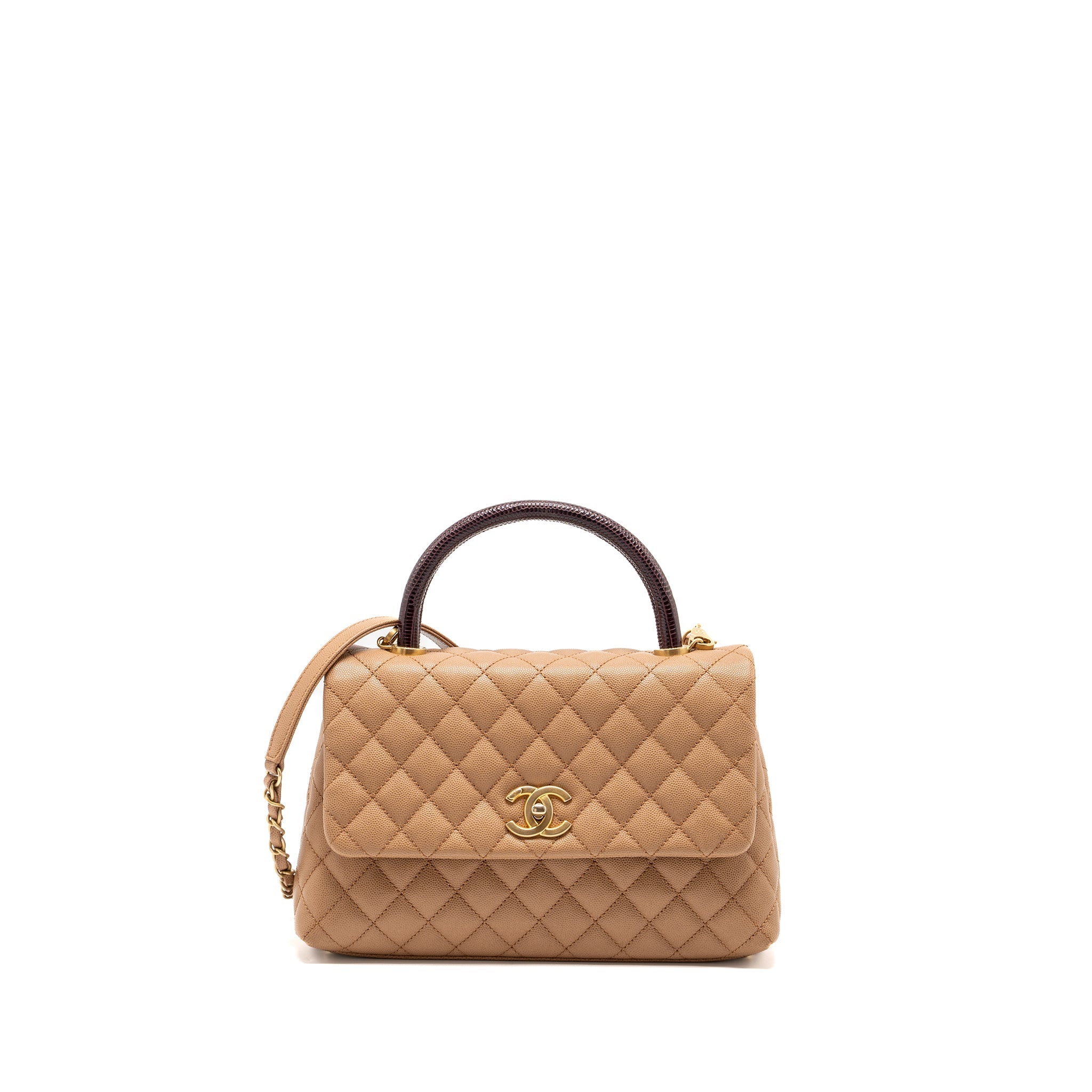 CHANEL MEDIUM COCO HANDLE WITH LIZARD HANDLE CAVIAR DARK BEIGE GHW