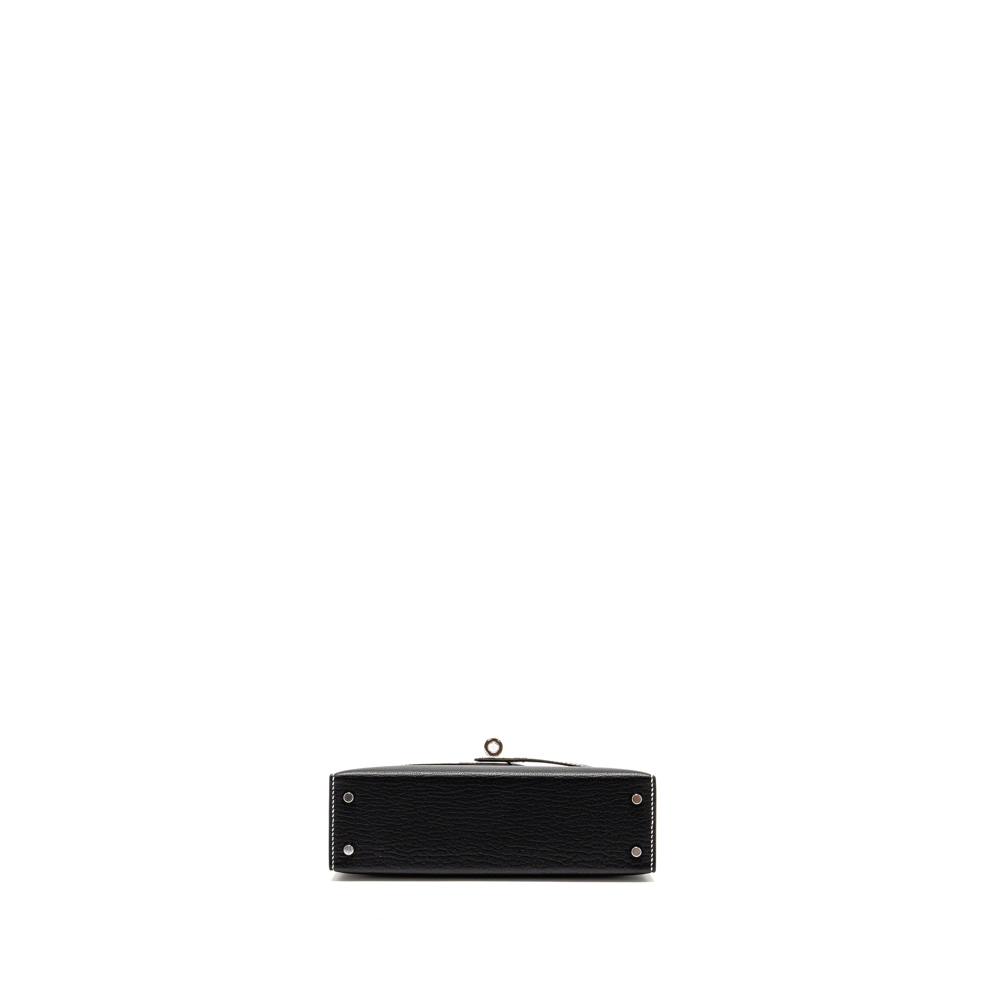 HERMES MINI KELLY II SPECIAL ORDER CHEVRE MYSORE BLACK / GRIS PERLE WHITE STITCHING SHW