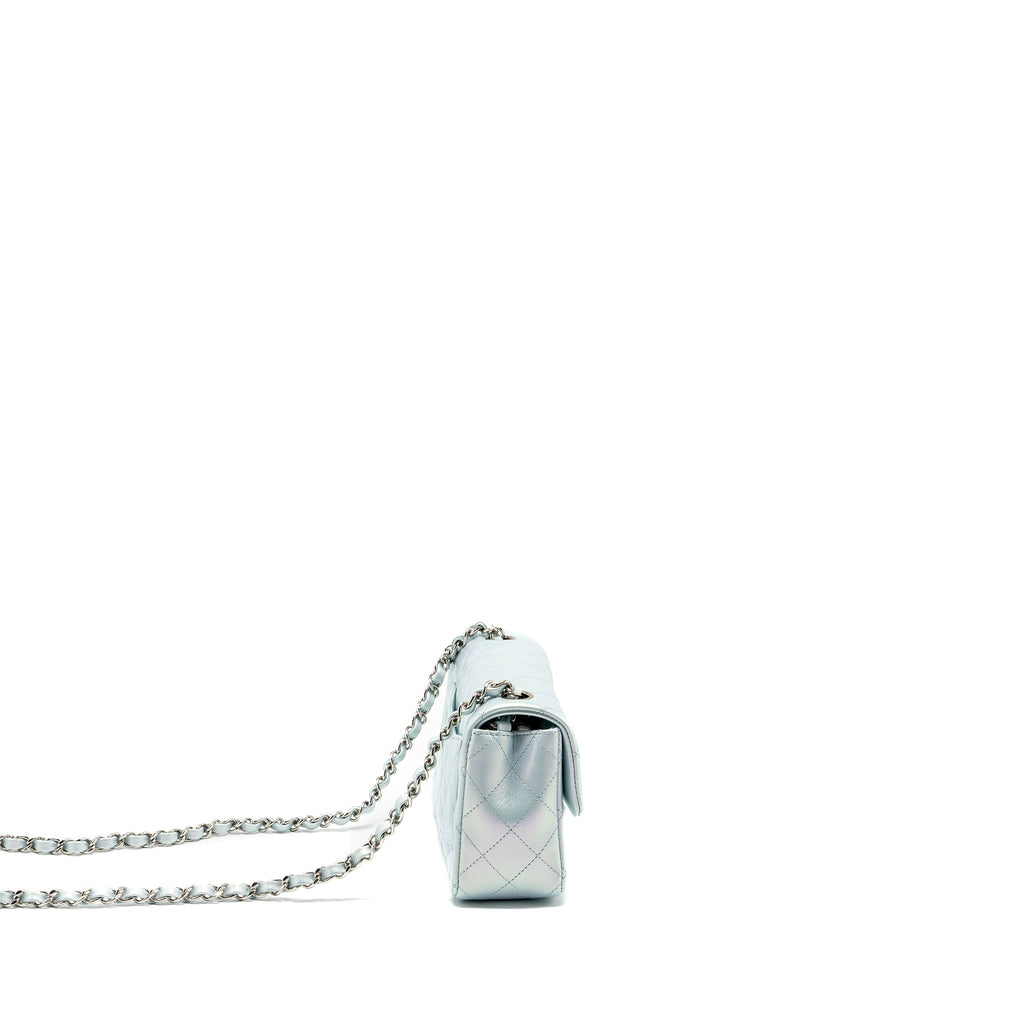 CHANEL 21K MINI RECTANGULAR FLAP BAG CALFSKIN IRIDESCENT LIGHT BLUE SHW (MICROCHIP)
