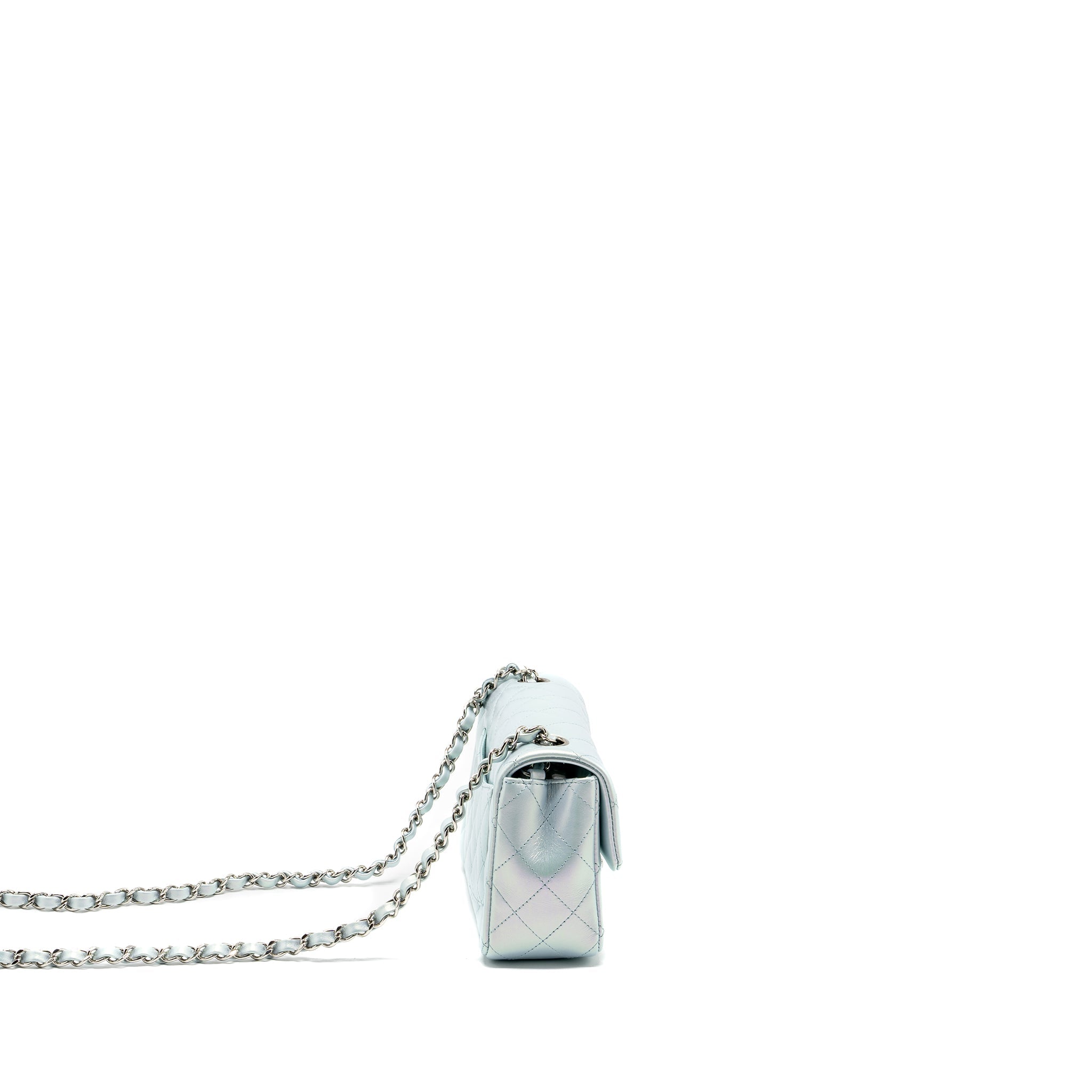 CHANEL 21K MINI RECTANGULAR FLAP BAG CALFSKIN IRIDESCENT LIGHT BLUE SHW (MICROCHIP)