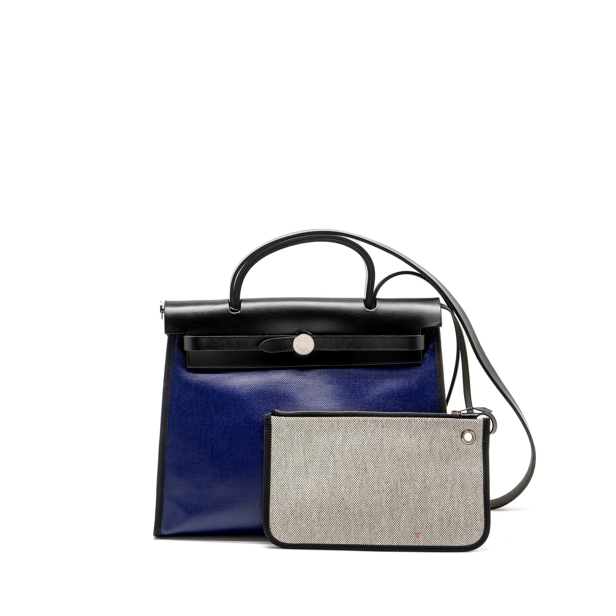HERMES HERBAG 31 ZIP BAG TOLIE H BERLINE CANVAS/VACHE HUNTER BLUE ENCRE/BLACK SHW