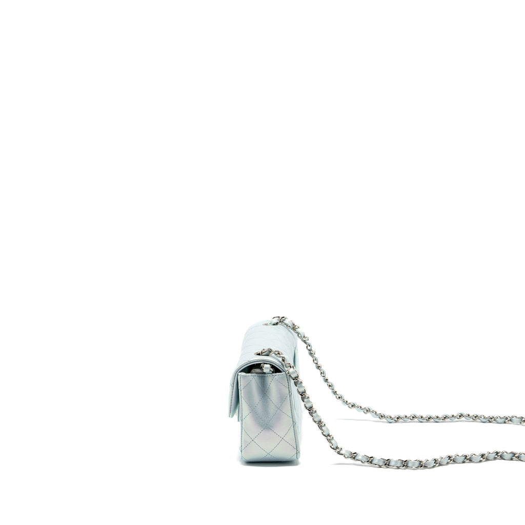 CHANEL 21K MINI RECTANGULAR FLAP BAG CALFSKIN IRIDESCENT LIGHT BLUE SHW (MICROCHIP)