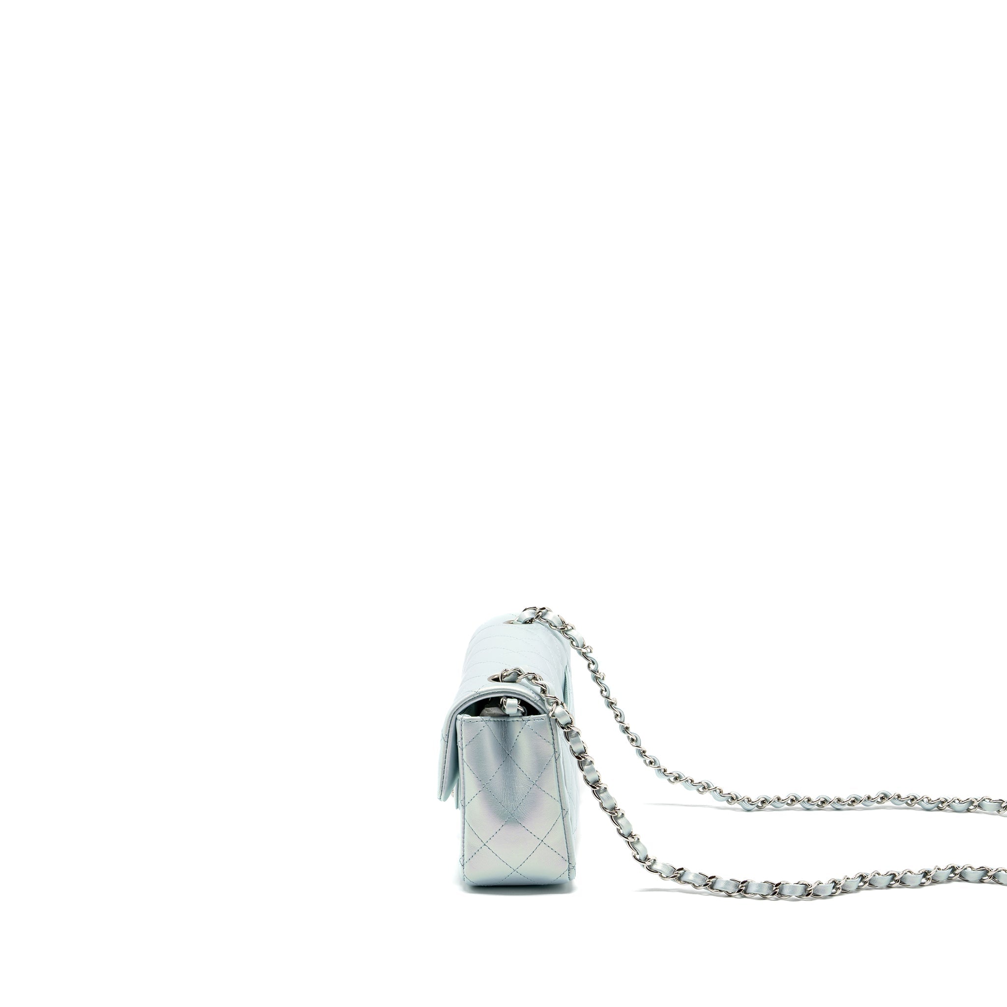 CHANEL 21K MINI RECTANGULAR FLAP BAG CALFSKIN IRIDESCENT LIGHT BLUE SHW (MICROCHIP)